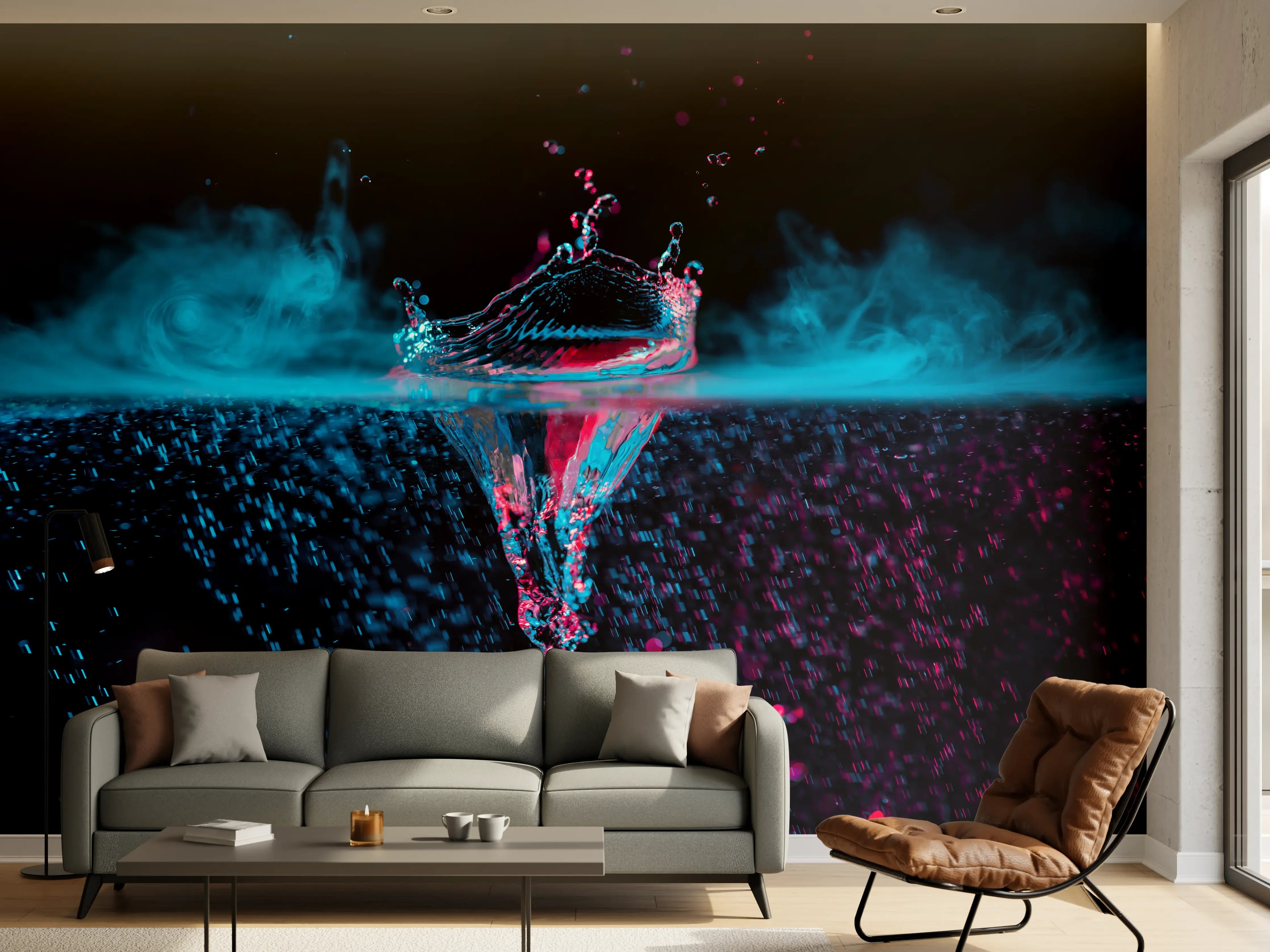 Wandverkleidung Wohnzimmer - Faszinierende Wasseraufnahme in Blau und Pink