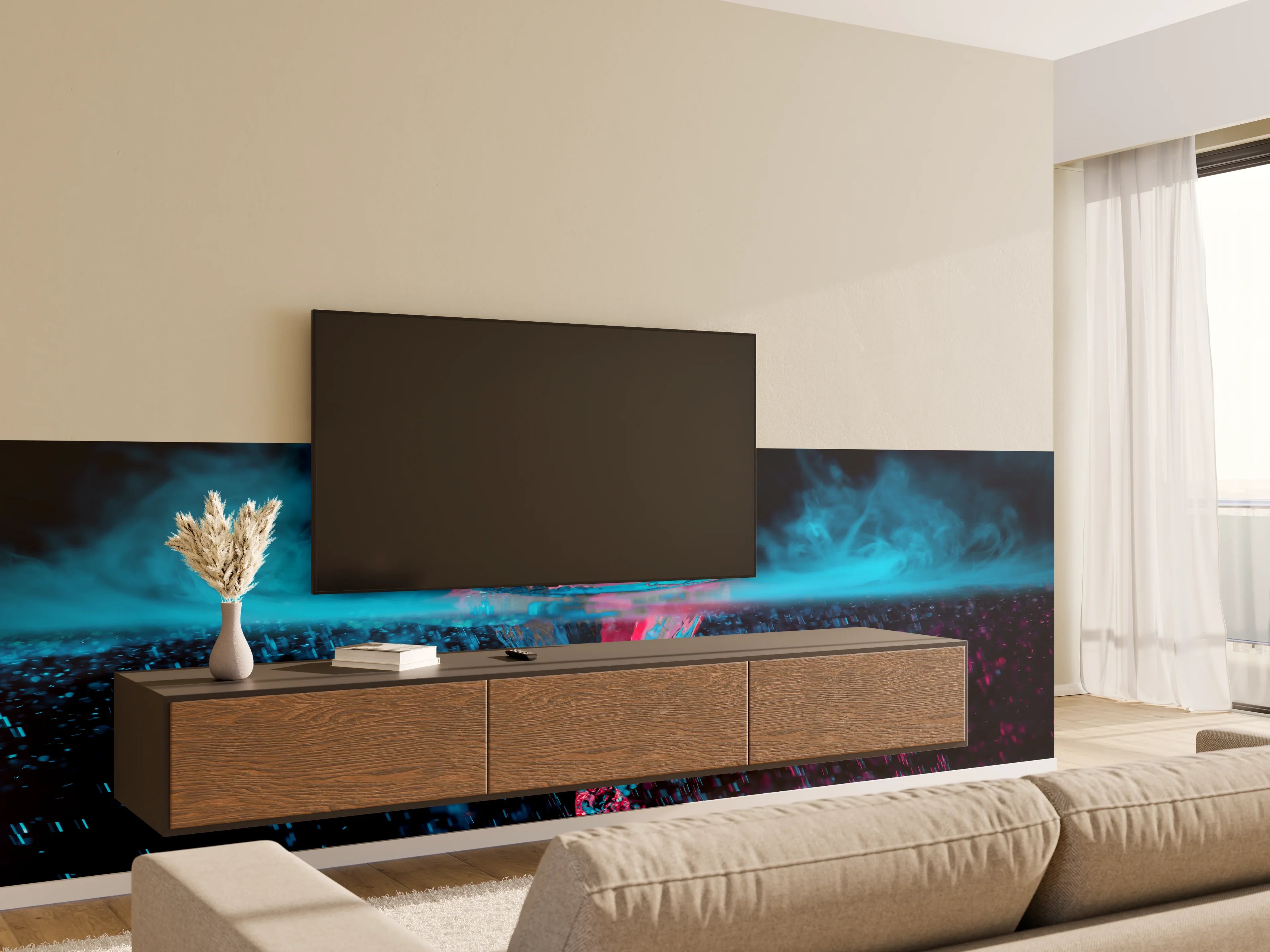 Wandverkleidung Wohnzimmer - Faszinierende Wasseraufnahme in Blau und Pink