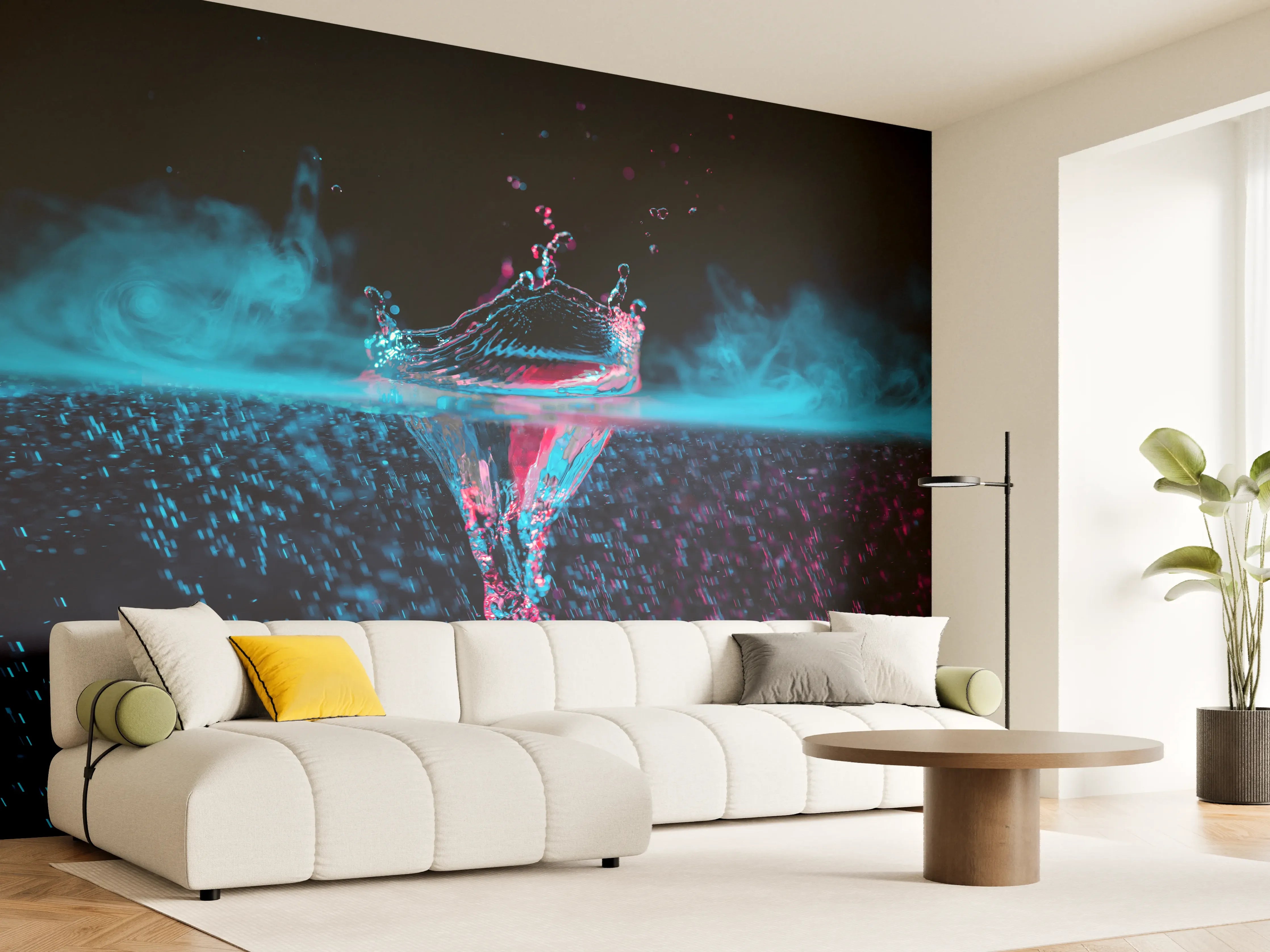 Wandverkleidung Wohnzimmer - Faszinierende Wasseraufnahme in Blau und Pink