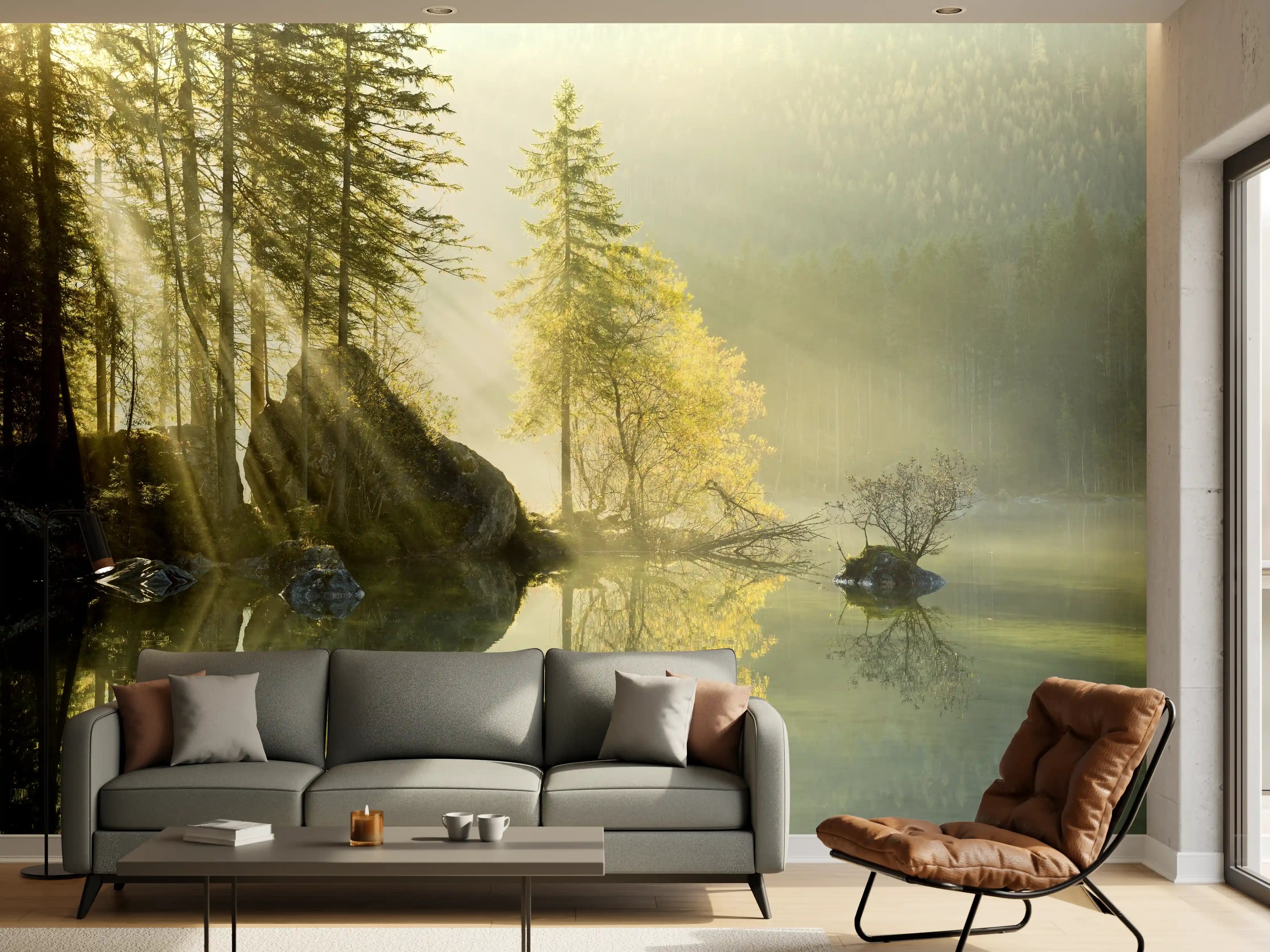 Wandverkleidung Wohnzimmer - Faszinierende Wasserlandschaft mit Sonnenstrahlen