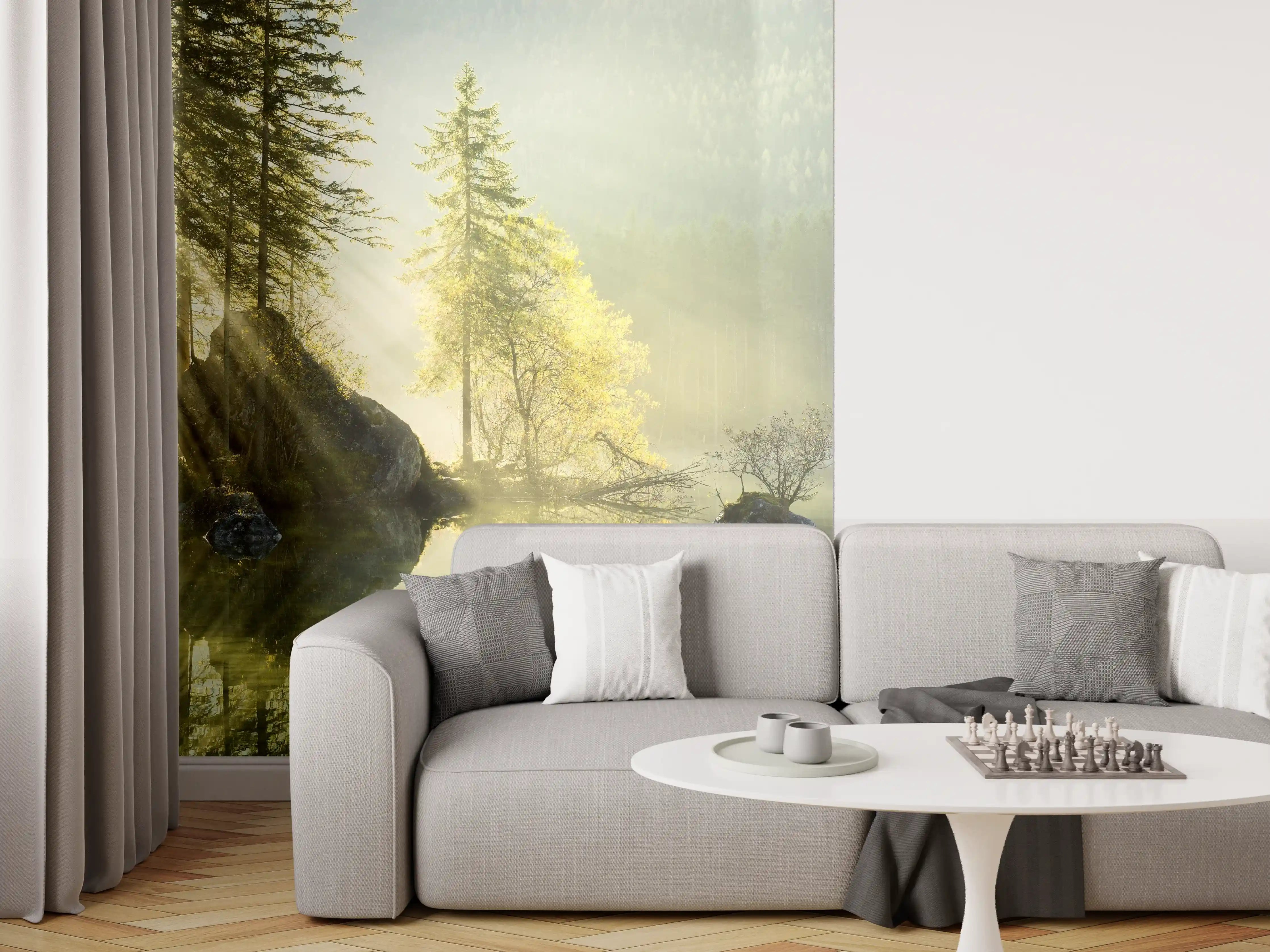 Wandverkleidung Wohnzimmer - Faszinierende Wasserlandschaft mit Sonnenstrahlen