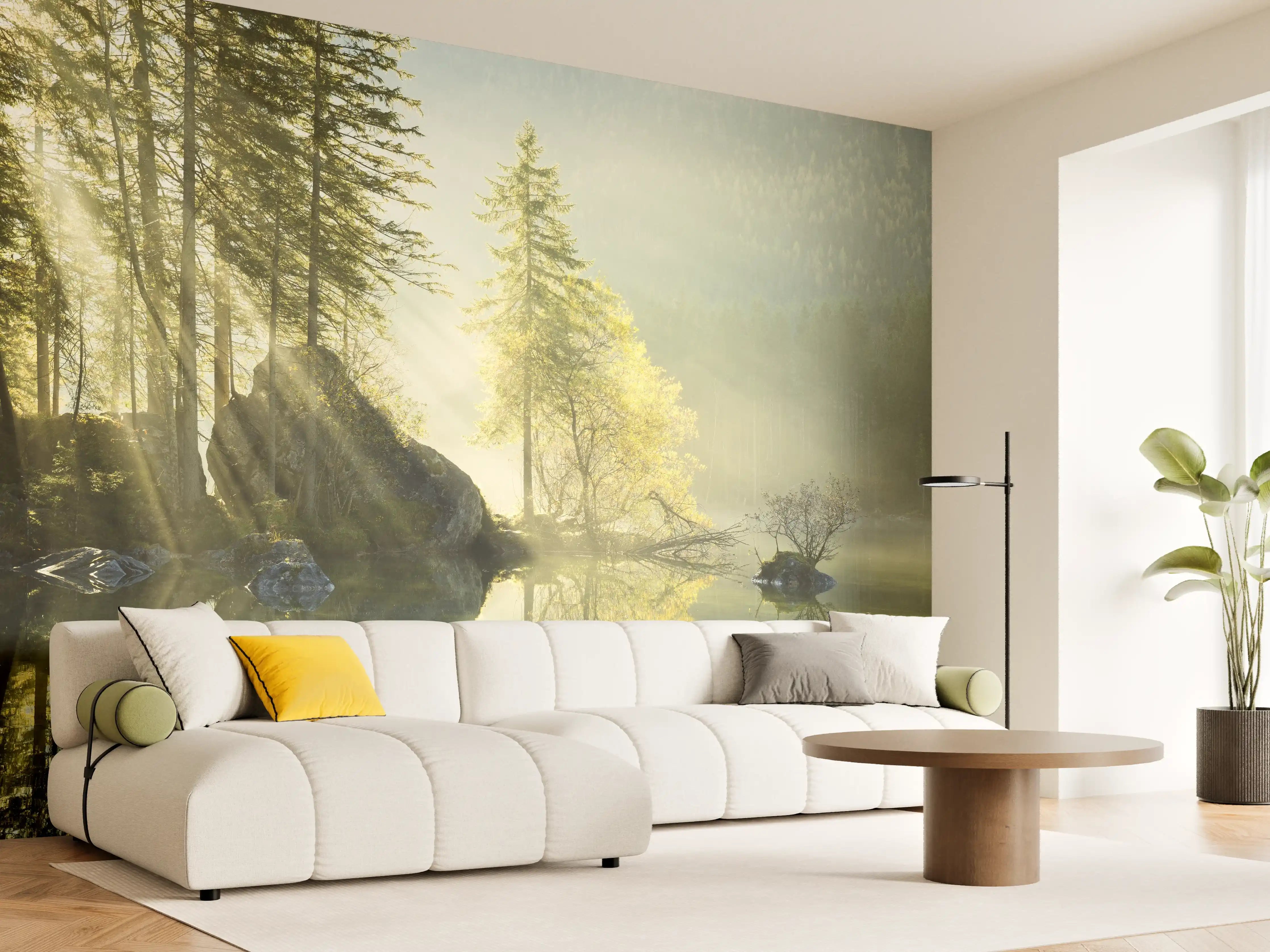 Wandverkleidung Wohnzimmer - Faszinierende Wasserlandschaft mit Sonnenstrahlen