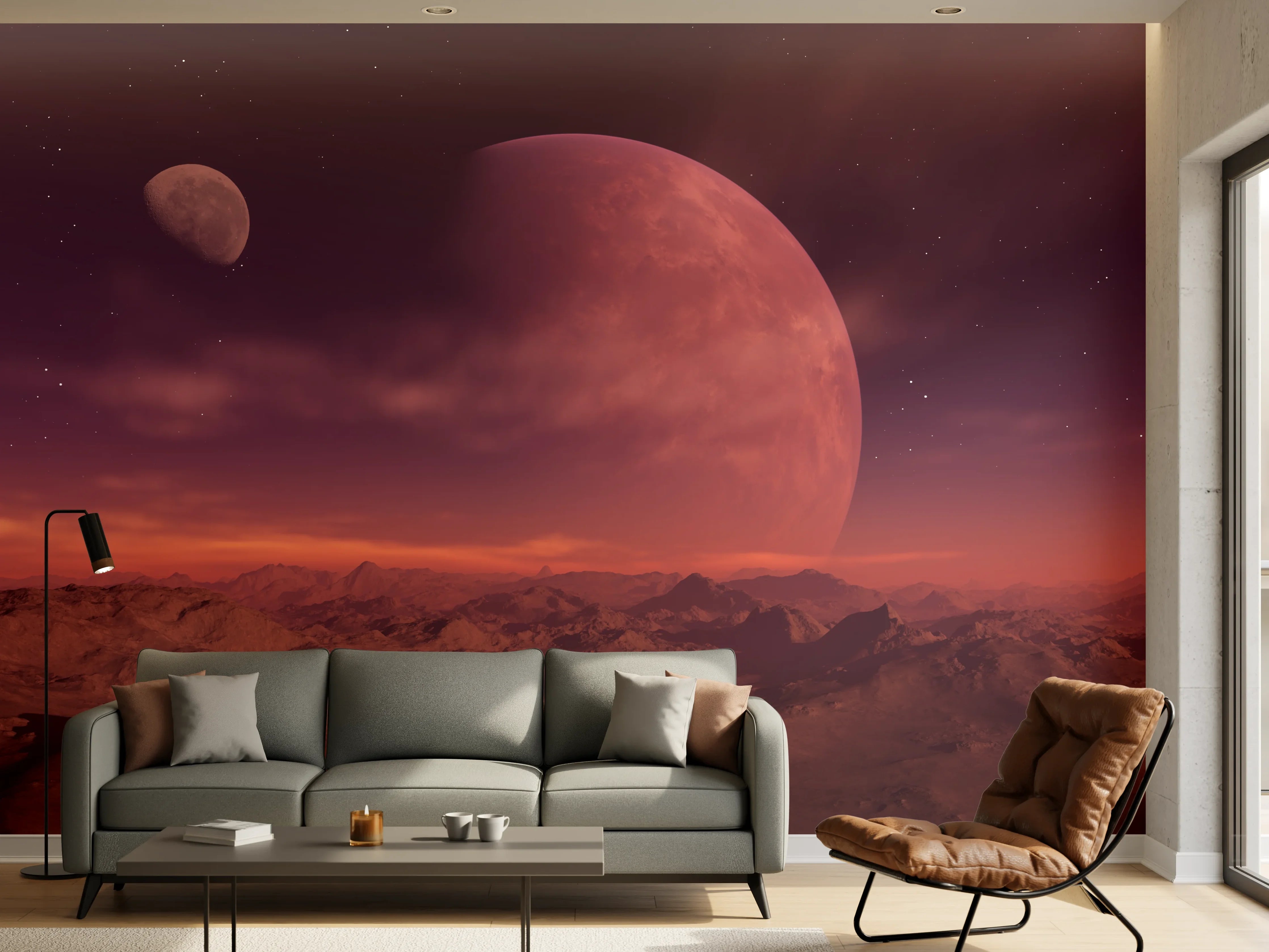 Wandverkleidung Wohnzimmer - Faszinierende Weltraumlandschaft mit zwei Planeten