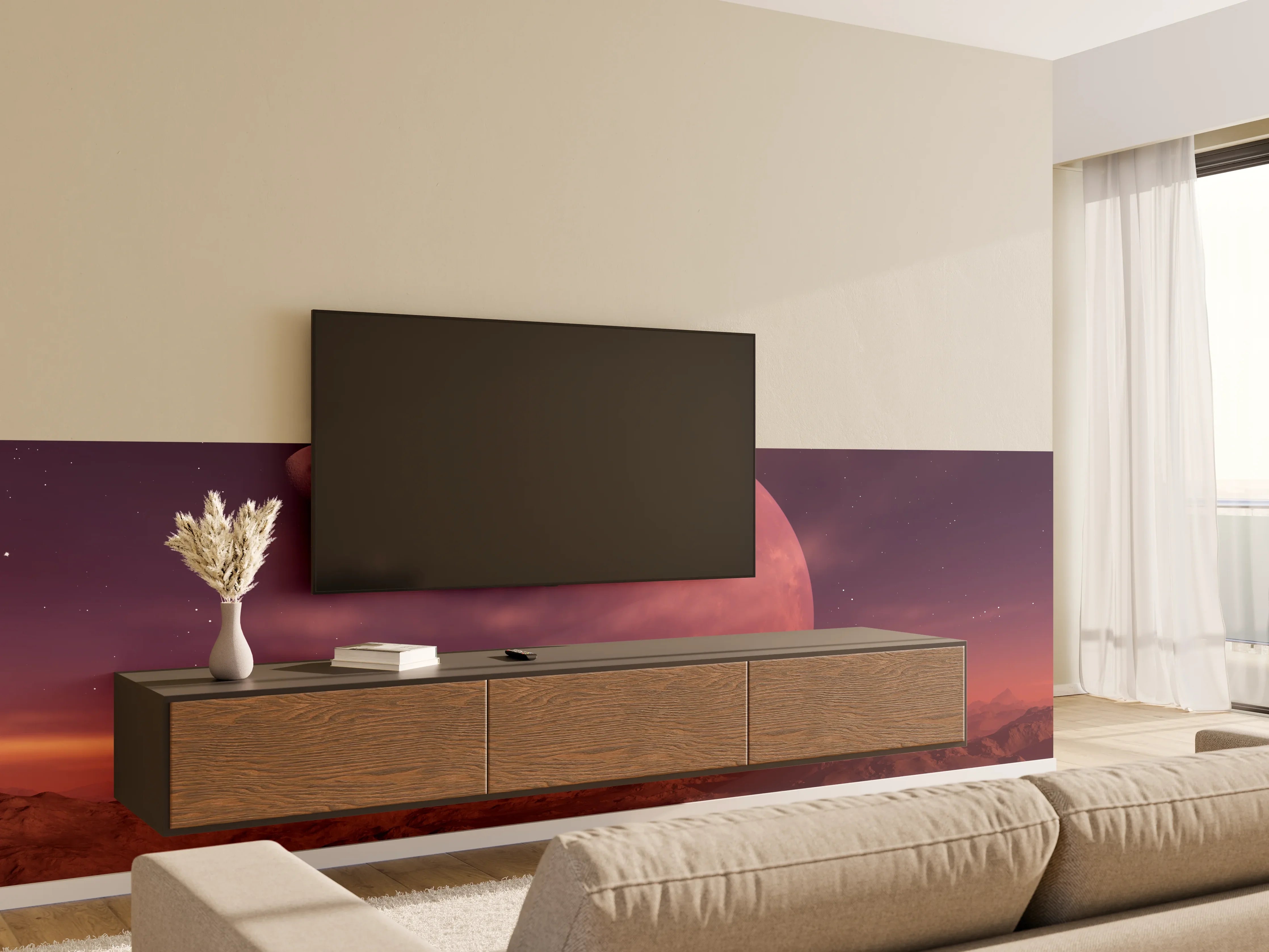 Wandverkleidung Wohnzimmer - Faszinierende Weltraumlandschaft mit zwei Planeten
