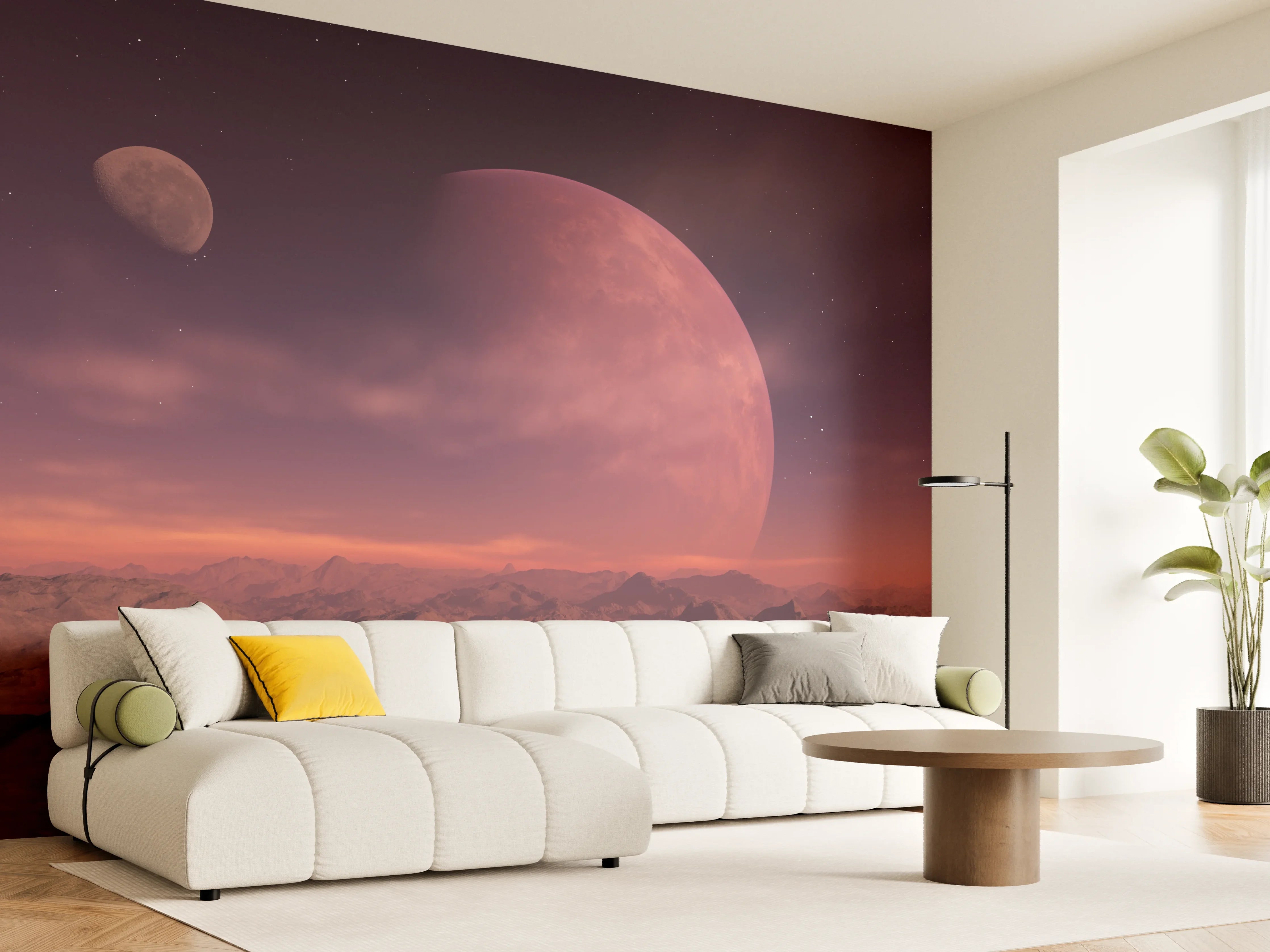 Wandverkleidung Wohnzimmer - Faszinierende Weltraumlandschaft mit zwei Planeten