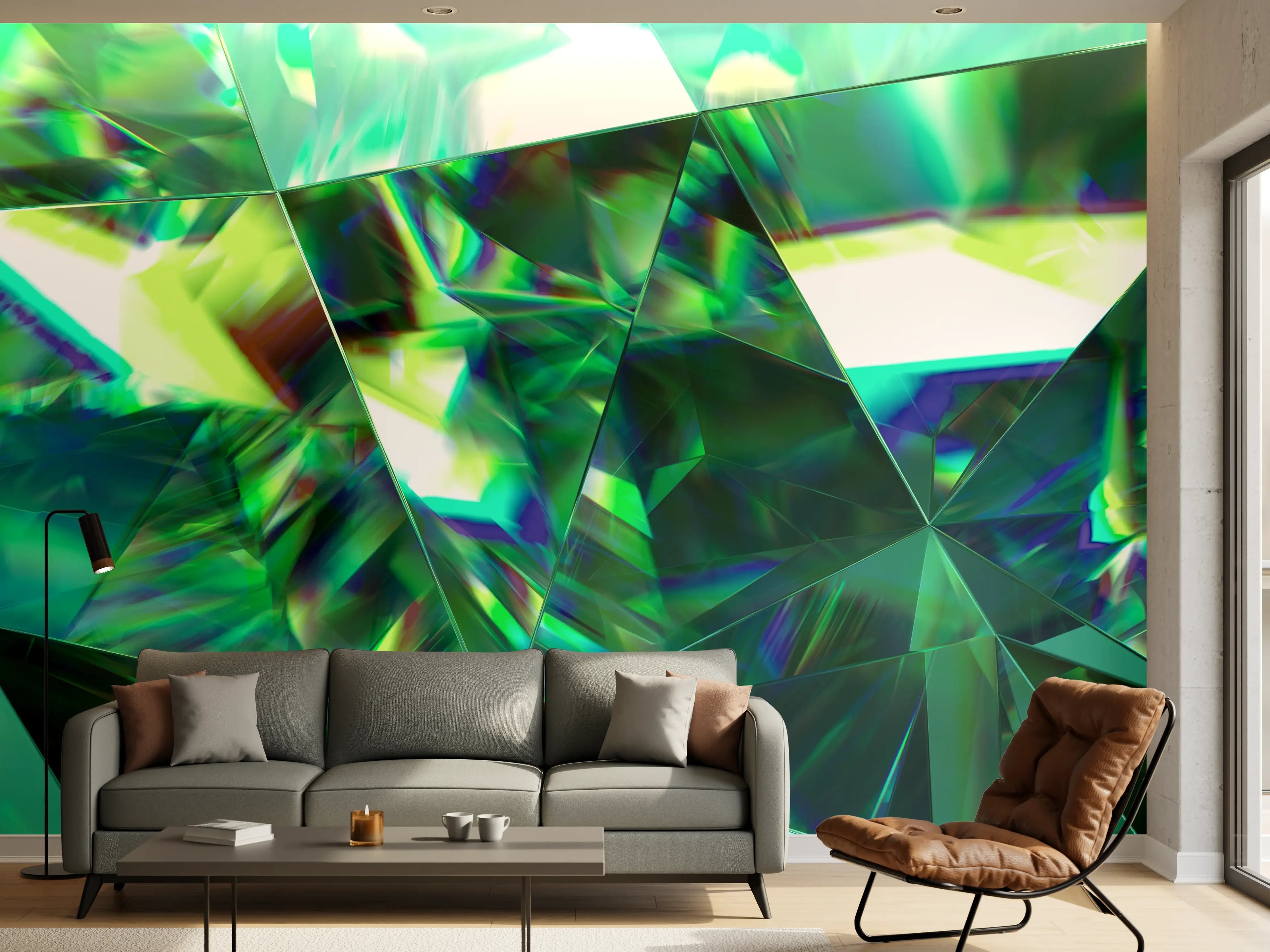 Wandverkleidung Wohnzimmer - Faszinierende holographische Kristallstruktur mit lebendigen Grün- und Blautönen