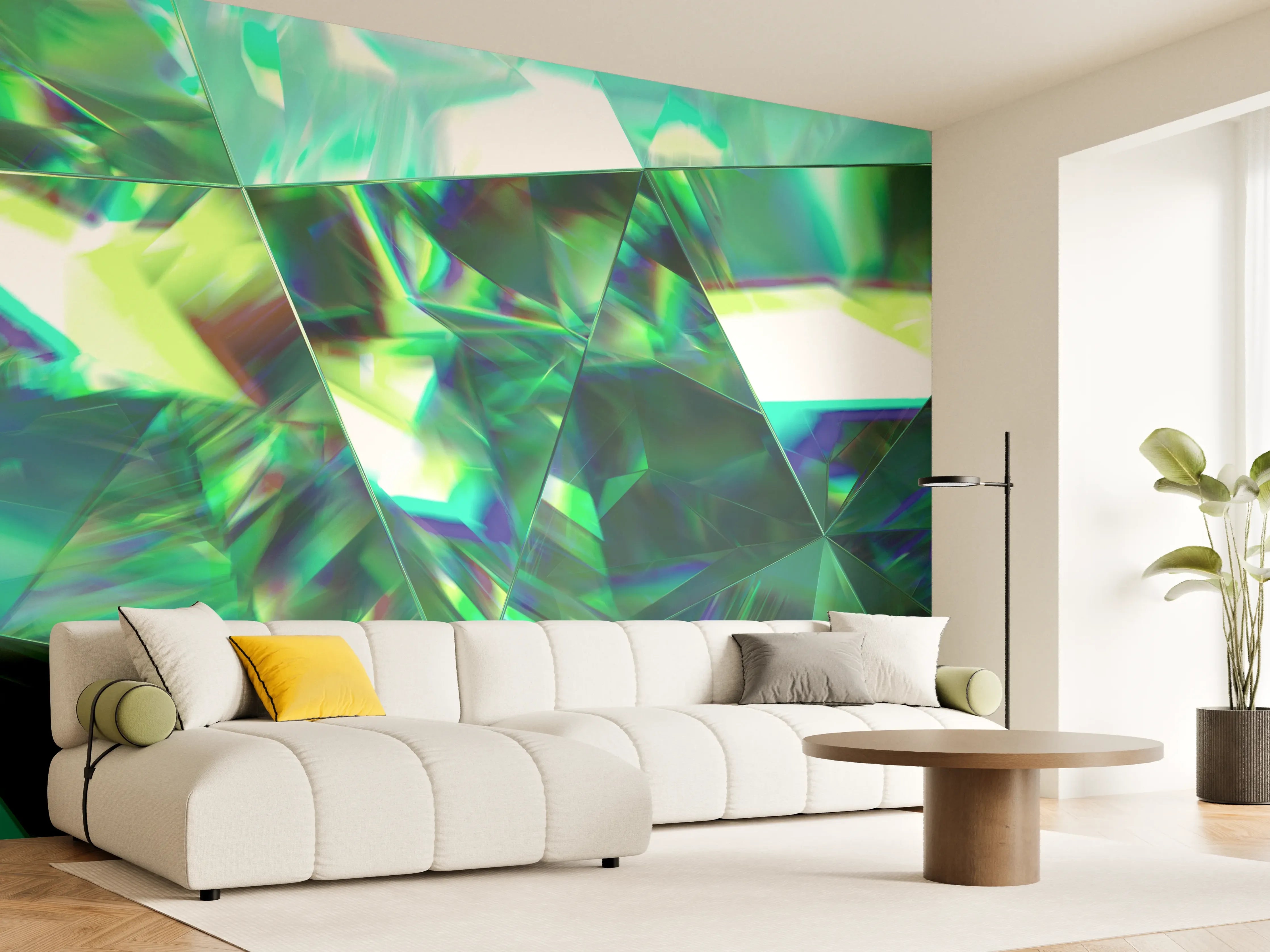 Wandverkleidung Wohnzimmer - Faszinierende holographische Kristallstruktur mit lebendigen Grün- und Blautönen