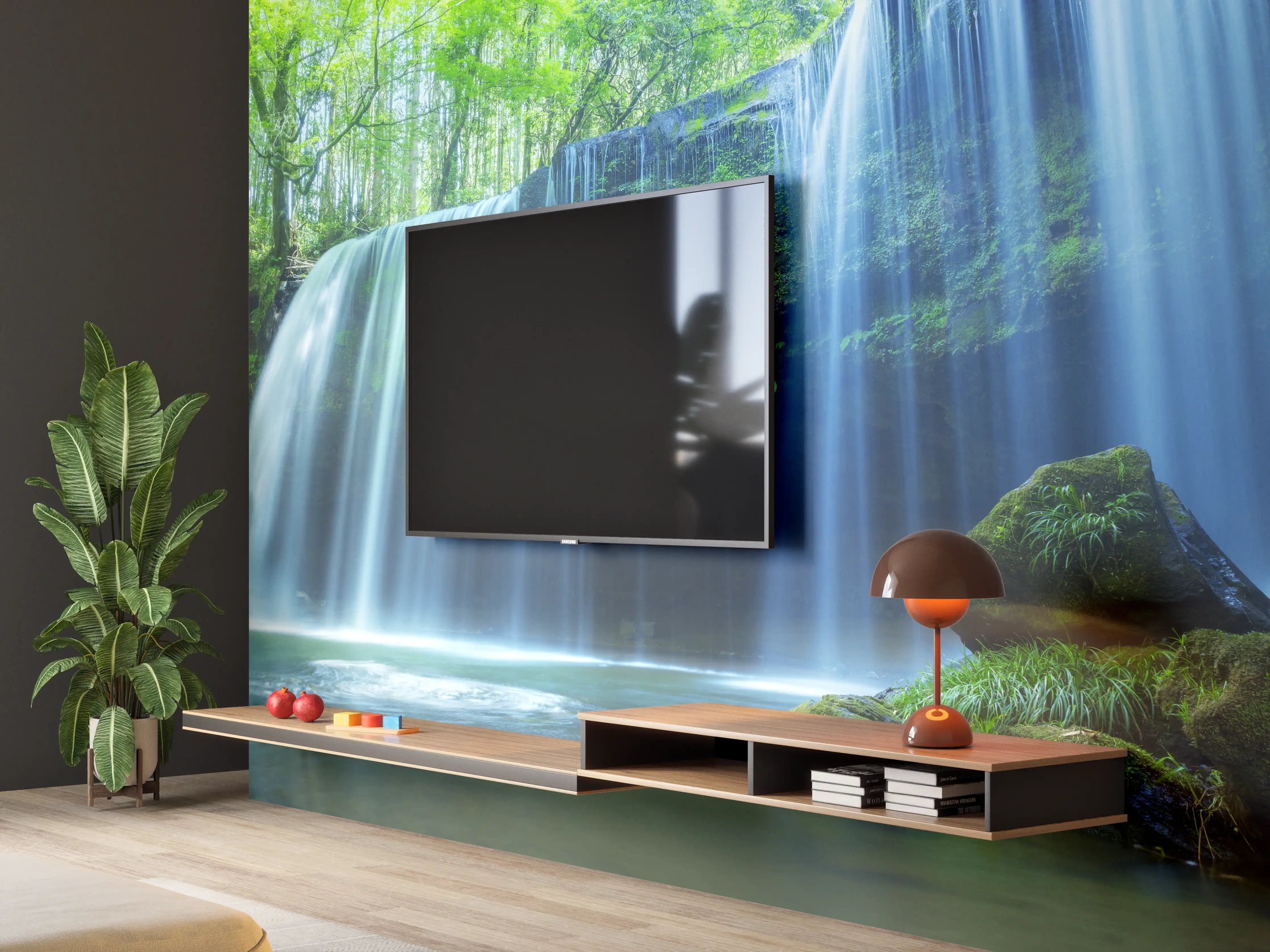 Wandverkleidung Wohnzimmer - Faszinierender Wasserfall inmitten eines grünen Waldes