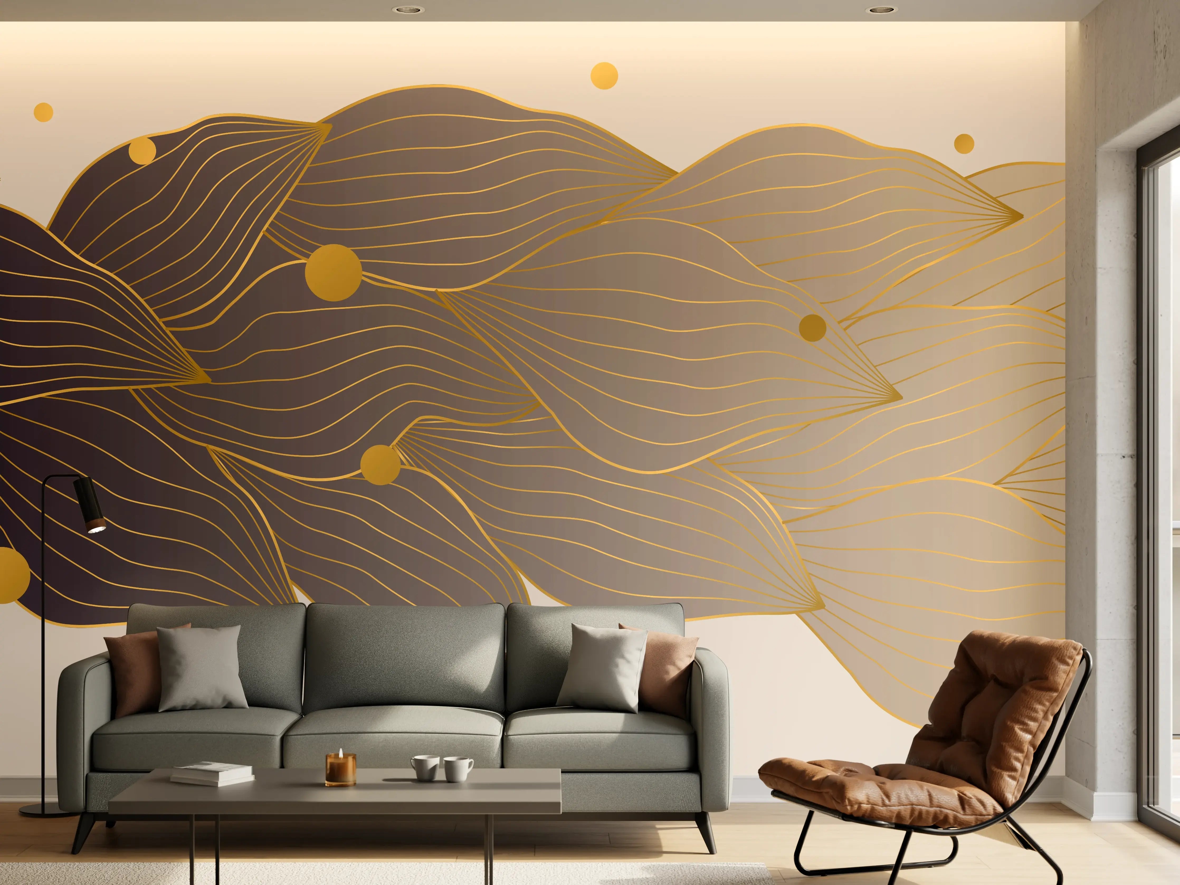 Wandverkleidung Wohnzimmer - Feine Goldlinien Kunst auf weißem Untergrund