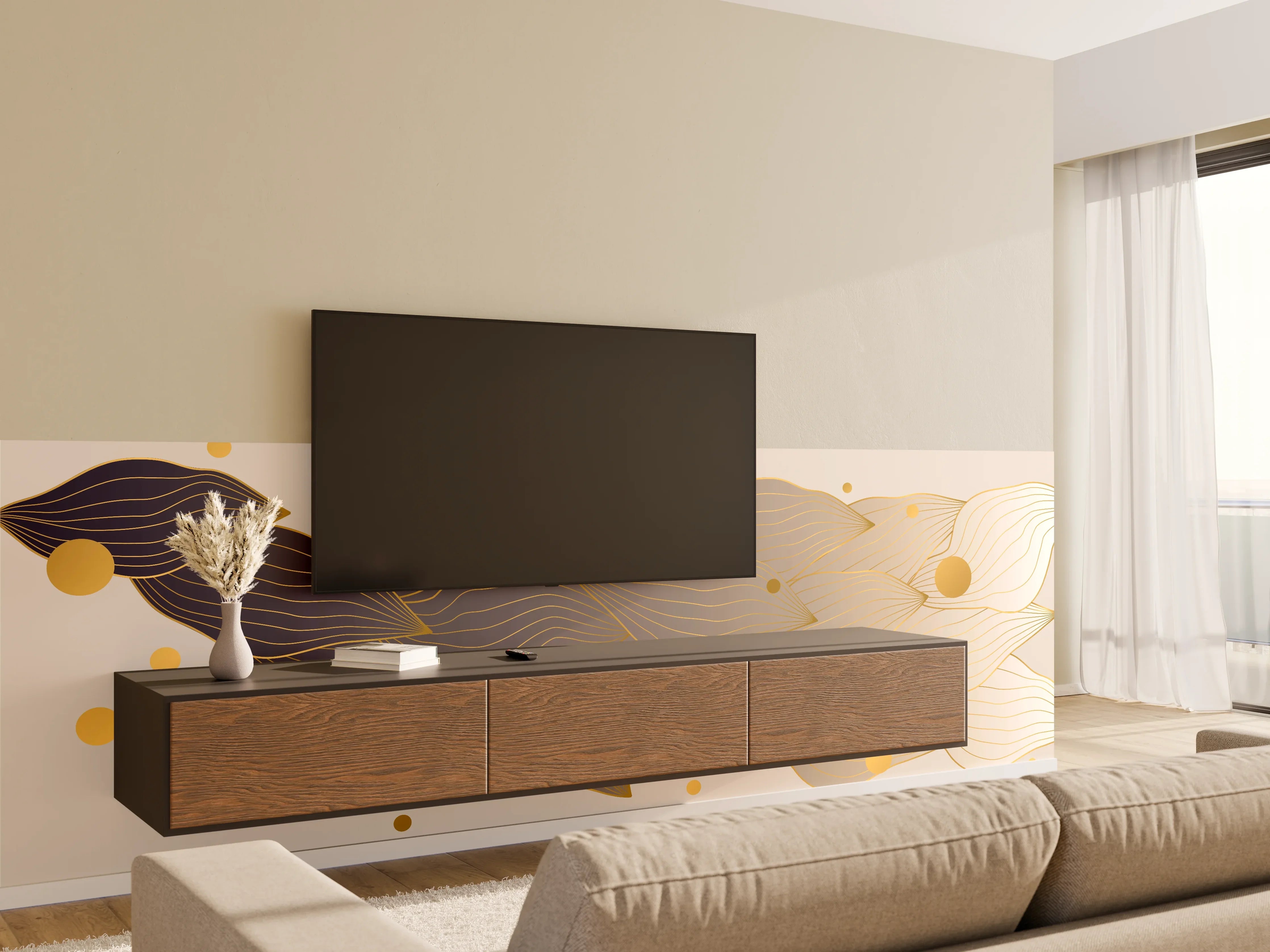Wandverkleidung Wohnzimmer - Feine Goldlinien Kunst auf weißem Untergrund