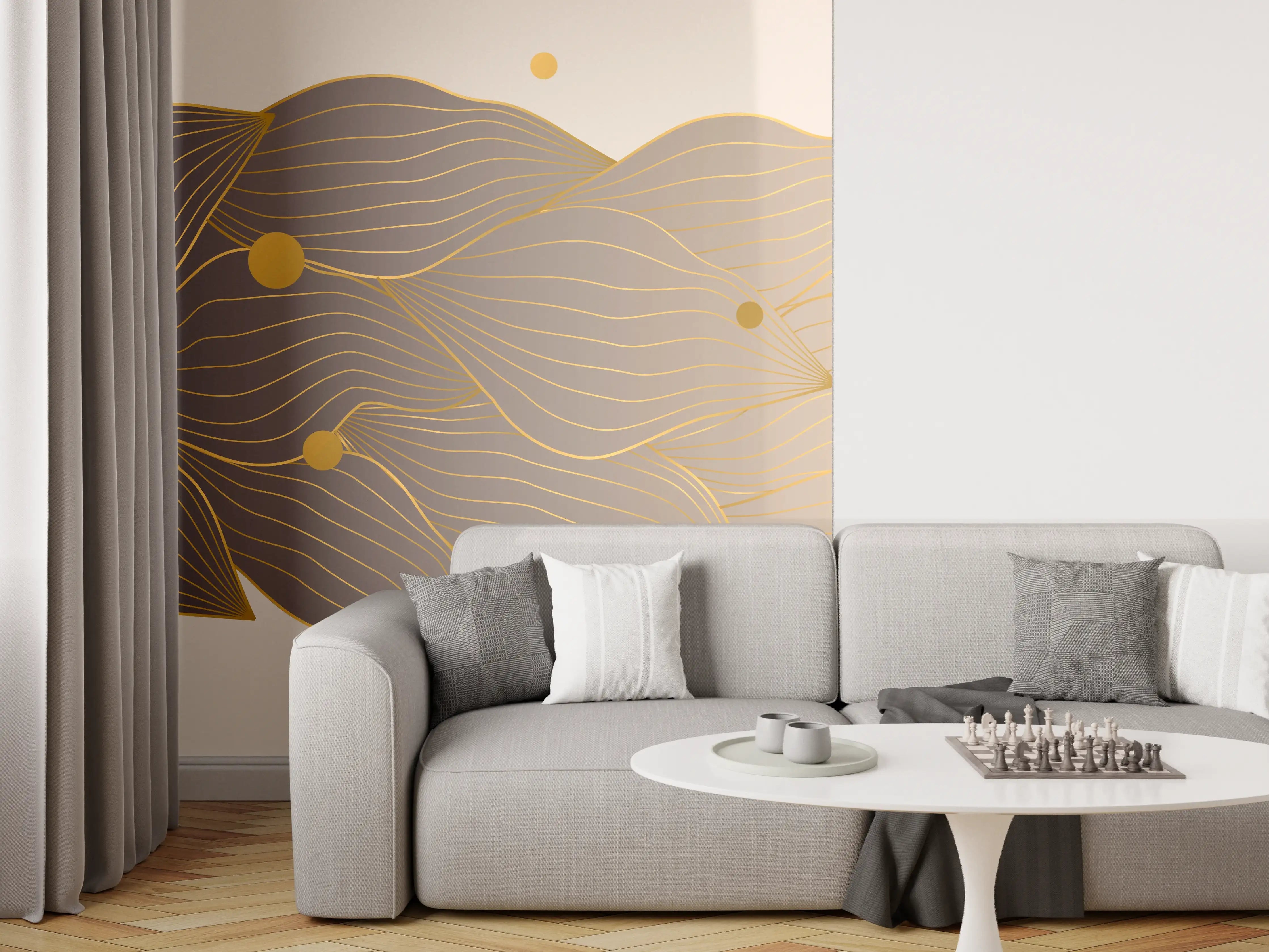 Wandverkleidung Wohnzimmer - Feine Goldlinien Kunst auf weißem Untergrund