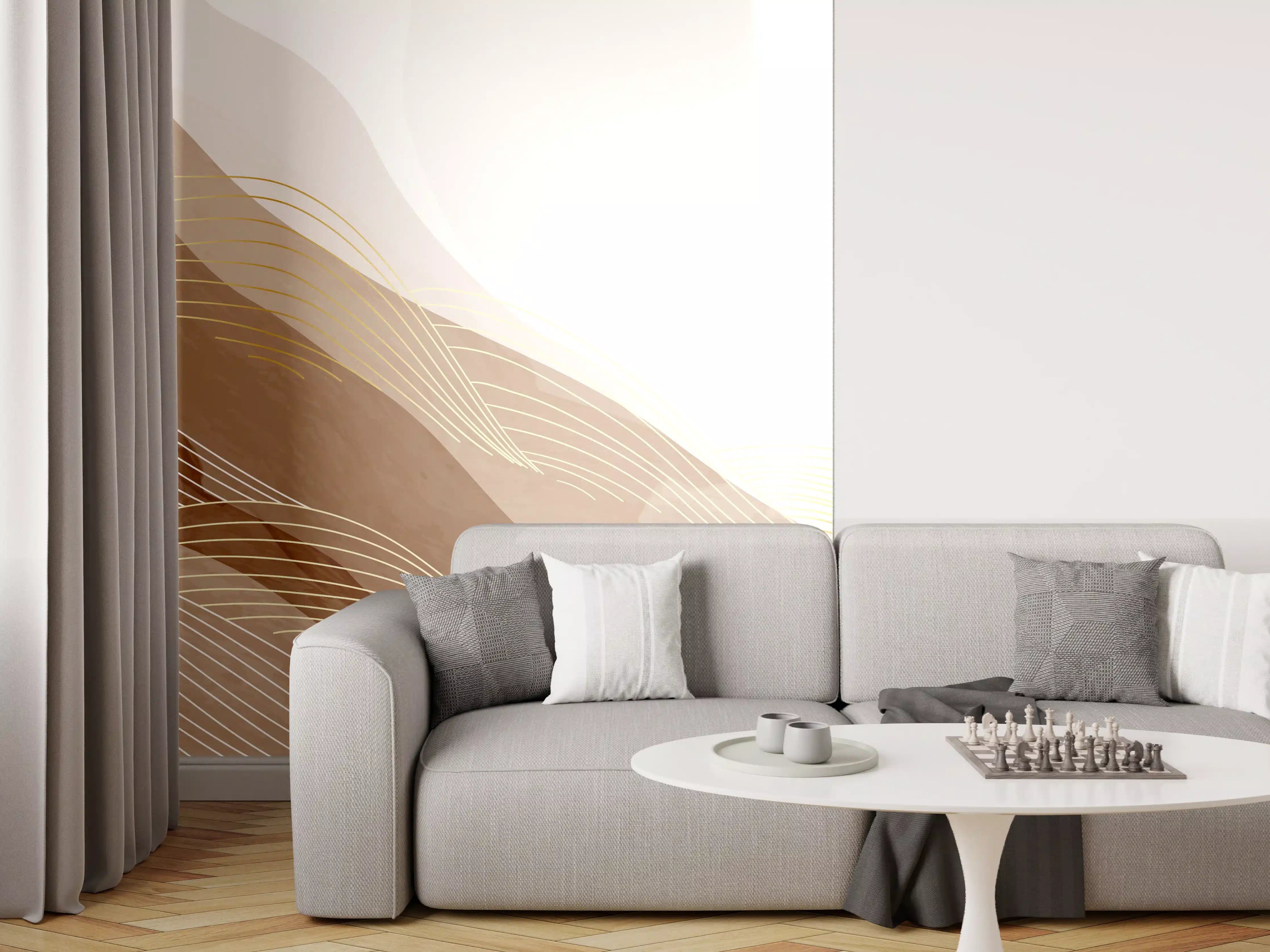 Wandverkleidung Wohnzimmer - Feine Grau- und Beigetöne in abstrakter Kunst
