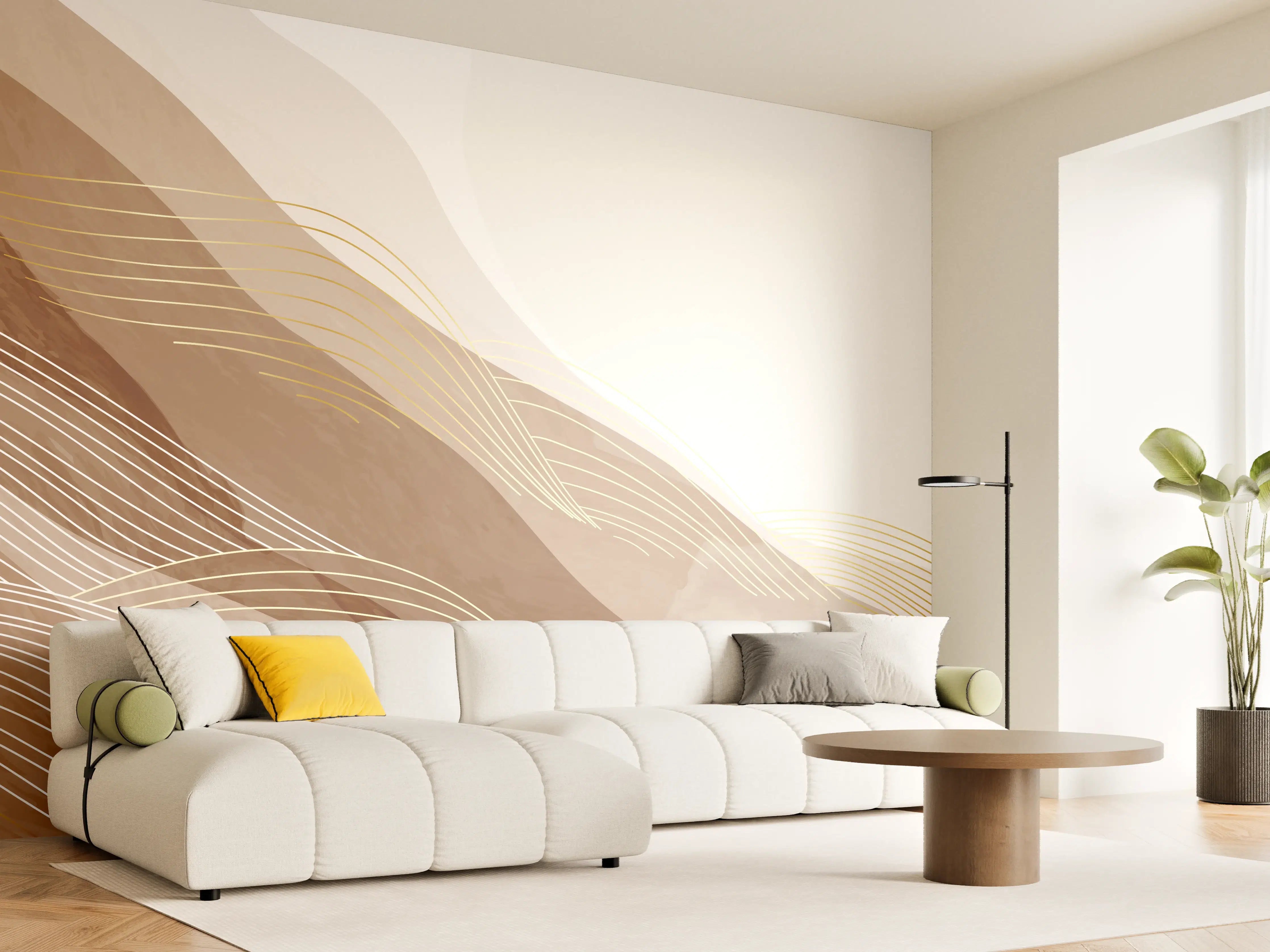 Wandverkleidung Wohnzimmer - Feine Grau- und Beigetöne in abstrakter Kunst