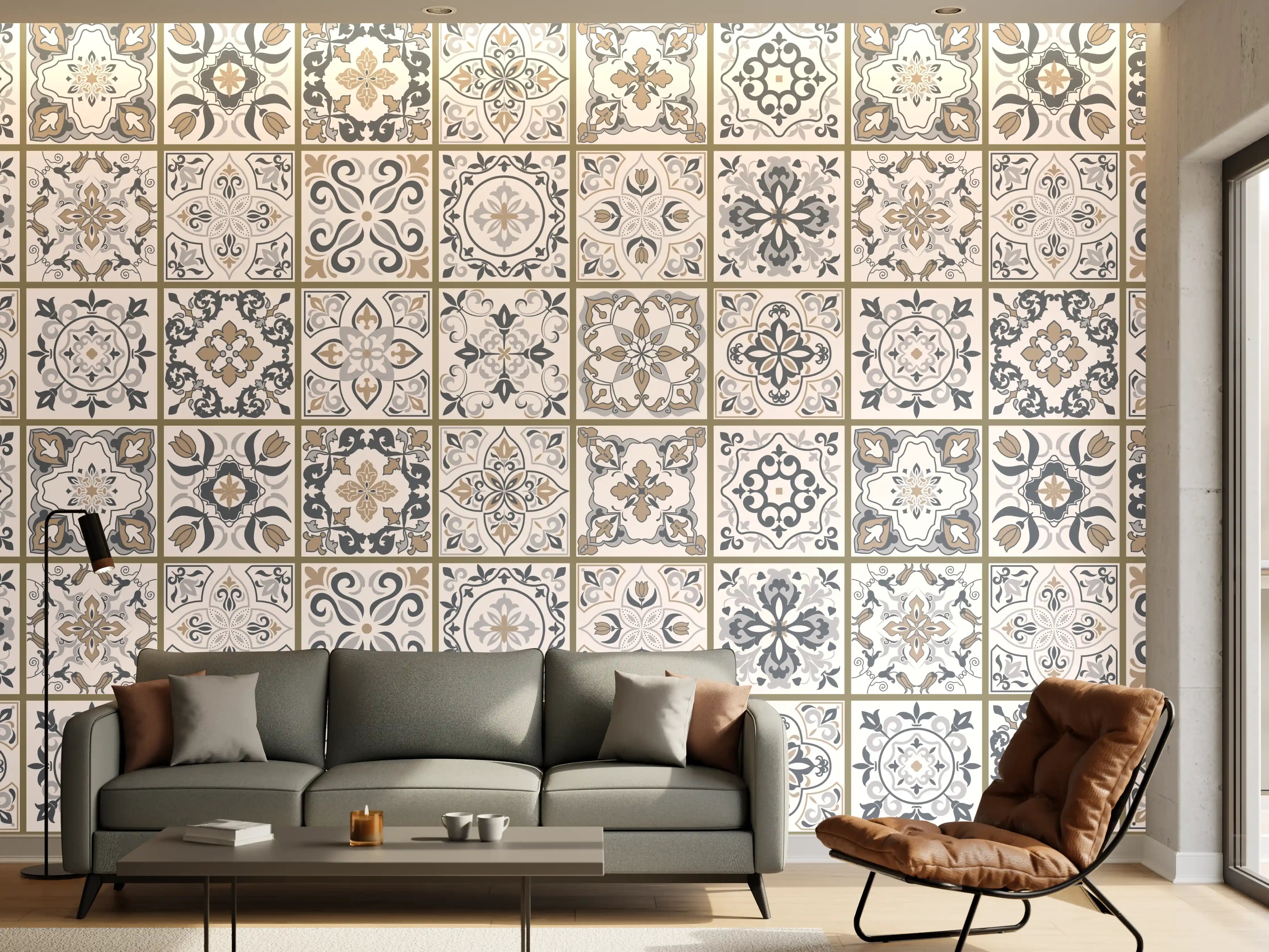 Wandverkleidung Wohnzimmer - Feine Grautöne im geometrischen Weißmuster
