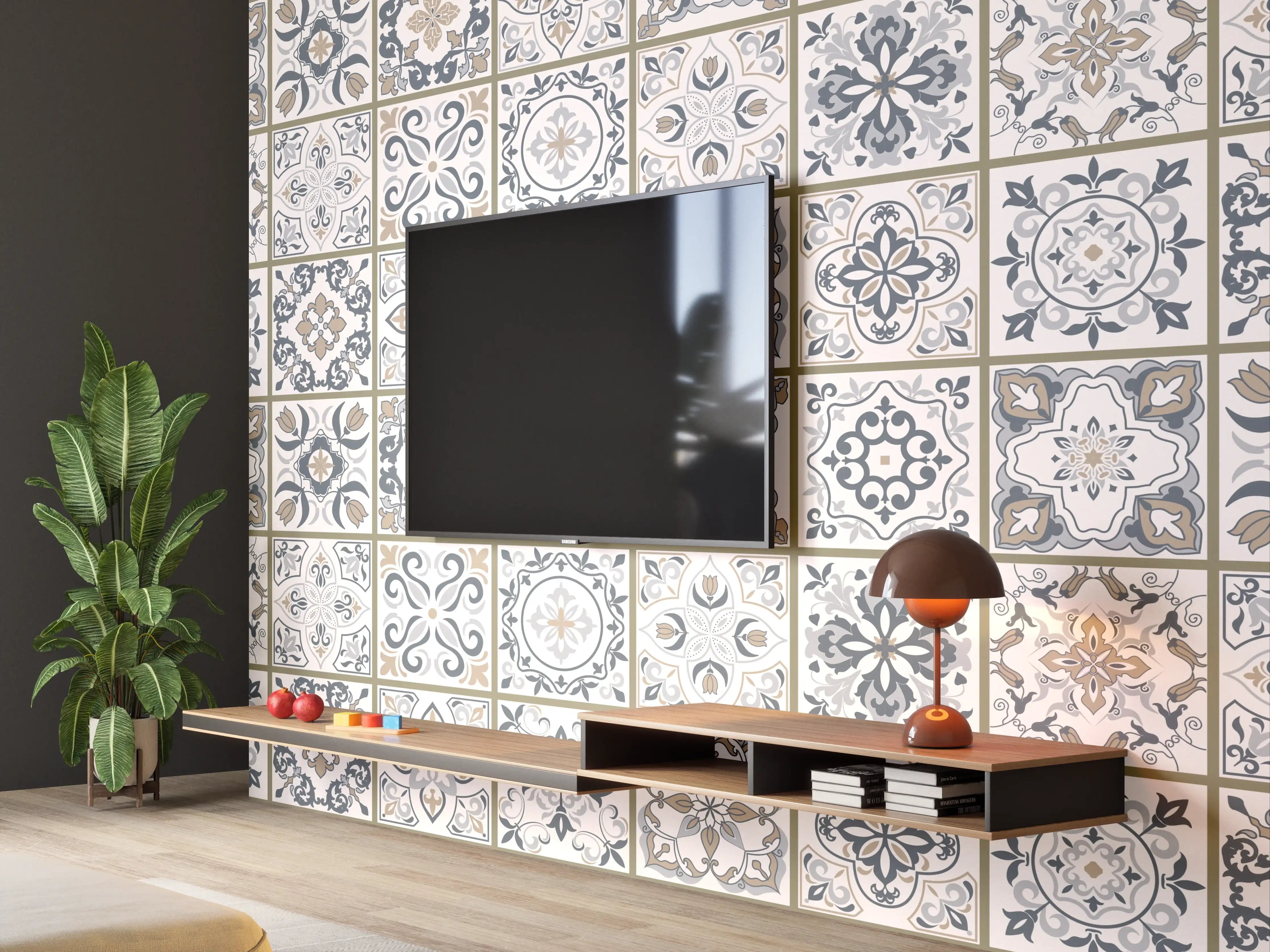Wandverkleidung Wohnzimmer - Feine Grautöne im geometrischen Weißmuster
