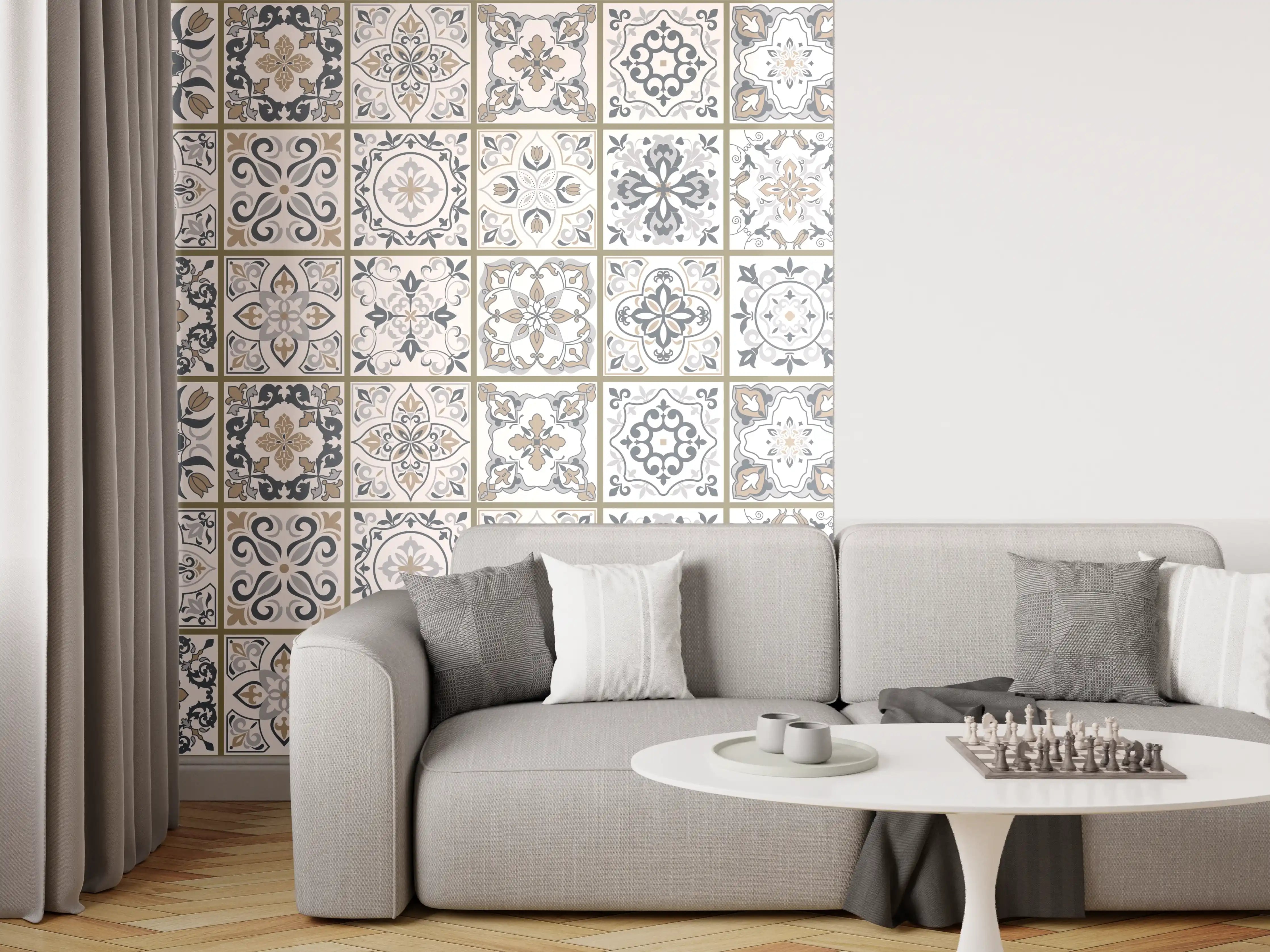 Wandverkleidung Wohnzimmer - Feine Grautöne im geometrischen Weißmuster
