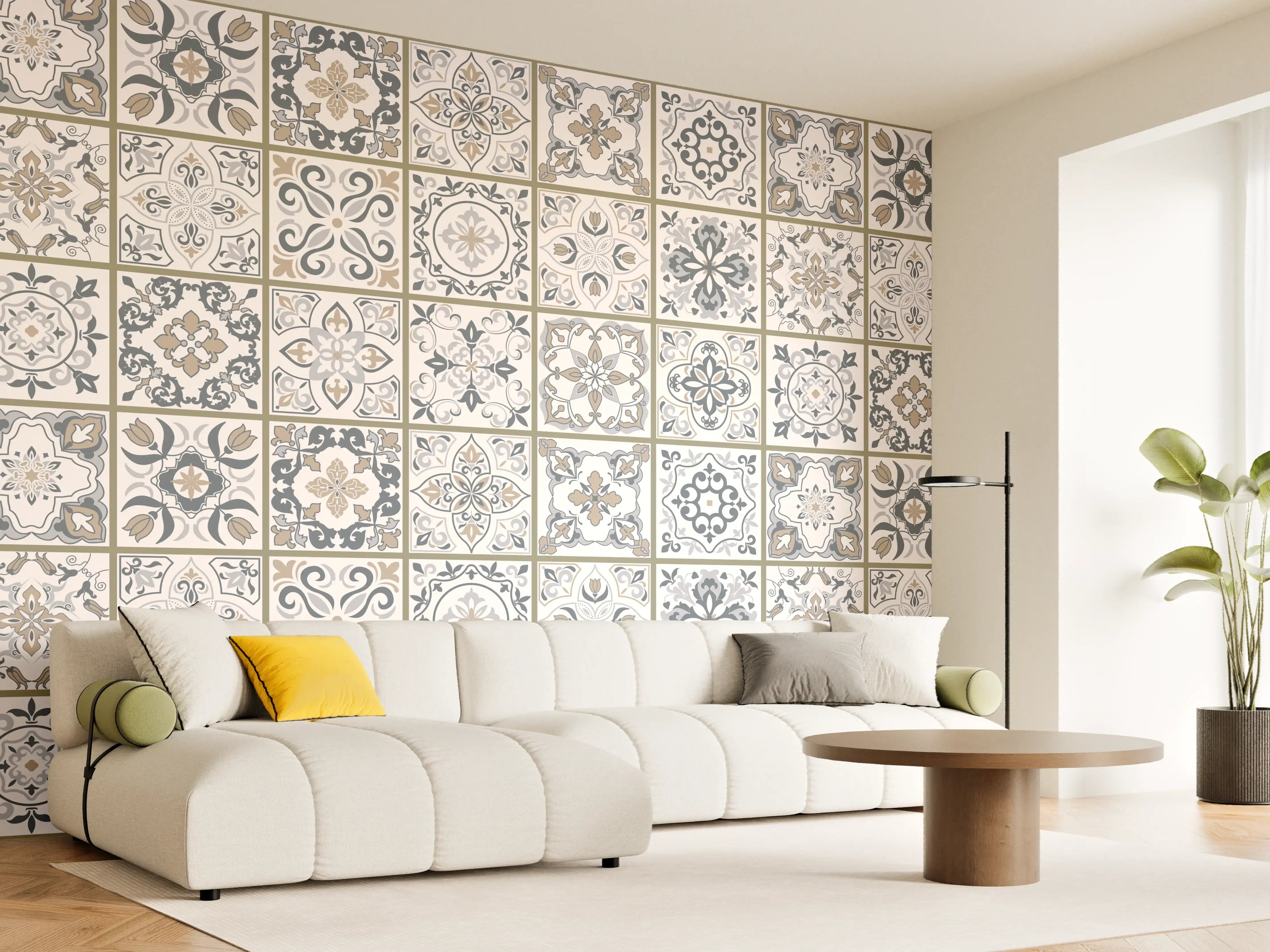 Wandverkleidung Wohnzimmer - Feine Grautöne im geometrischen Weißmuster