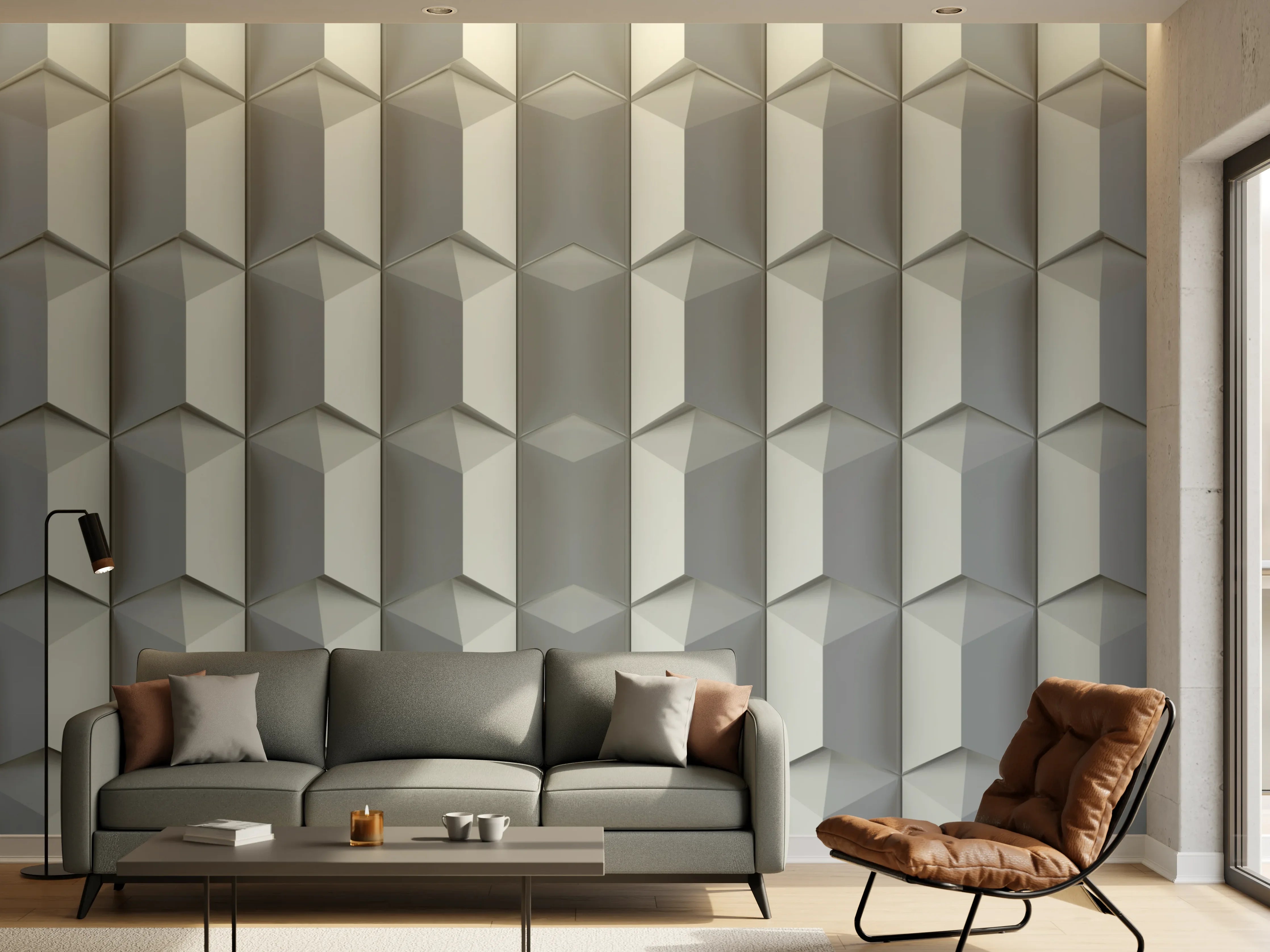 Wandverkleidung Wohnzimmer - Feines Weiß mit subtilen Graunuancen: Geometrisches Muster