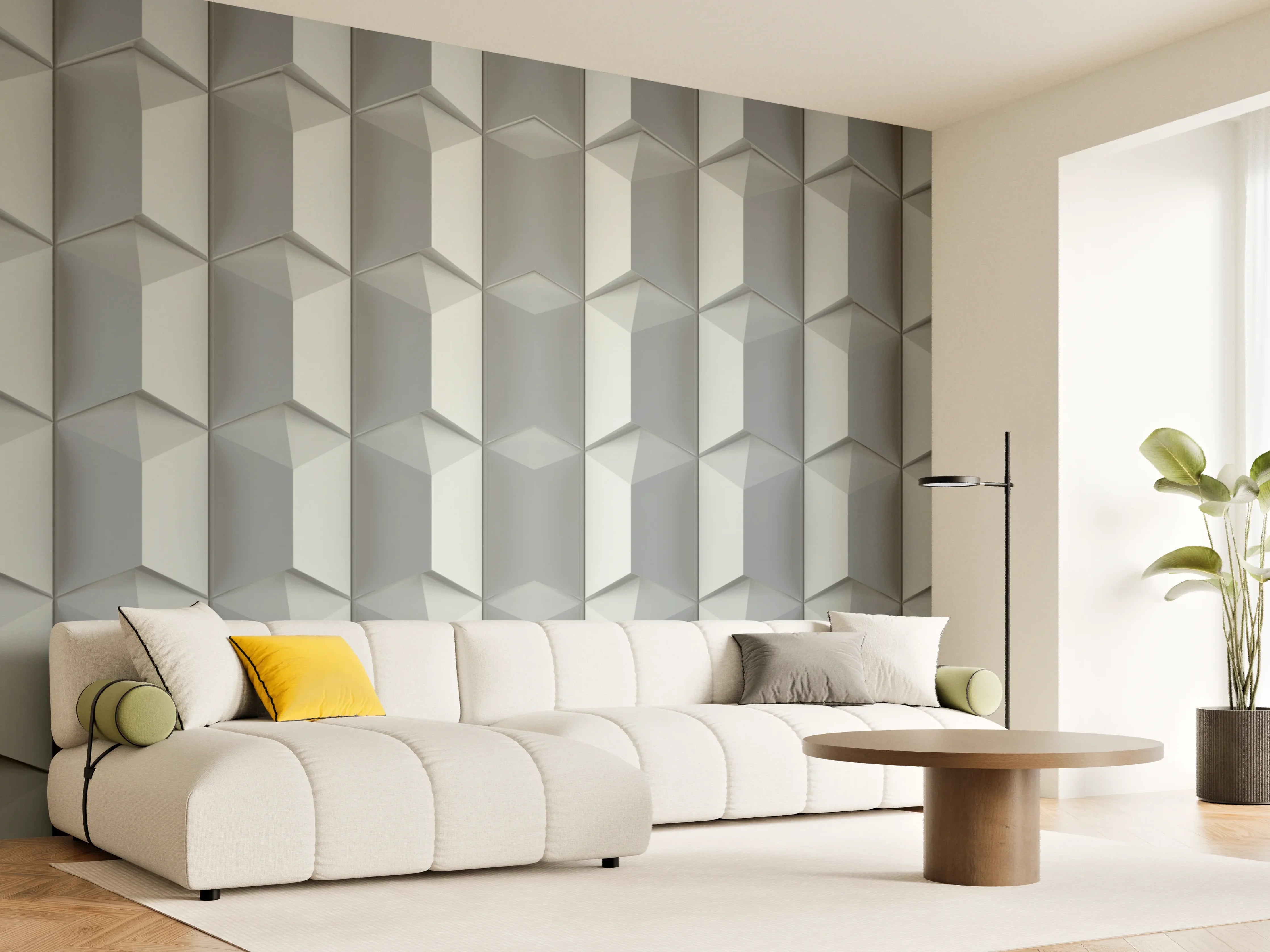 Wandverkleidung Wohnzimmer - Feines Weiß mit subtilen Graunuancen: Geometrisches Muster