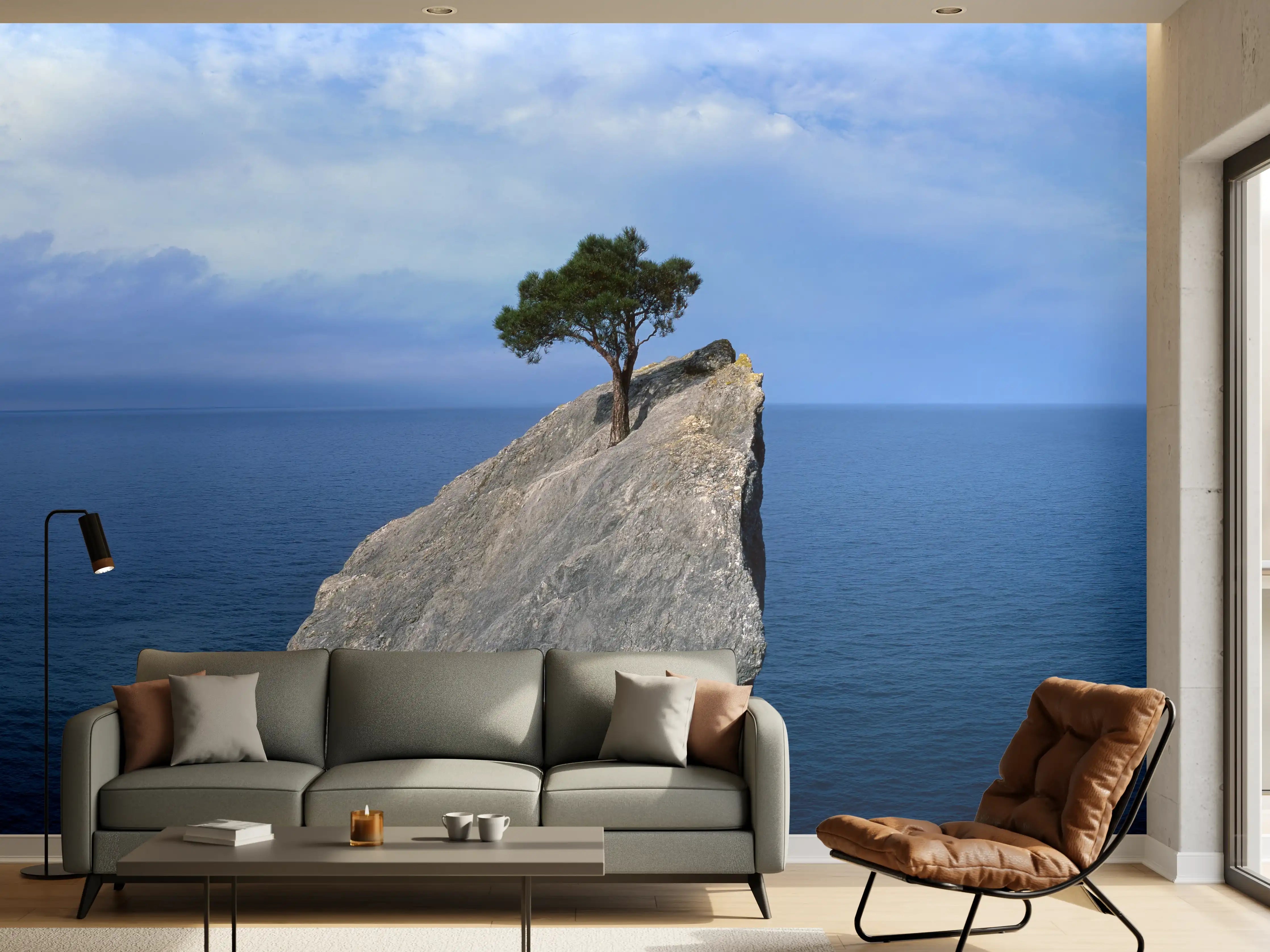 Wandverkleidung Wohnzimmer - Felsen mit Baum vor Meer bei schönem Himmel