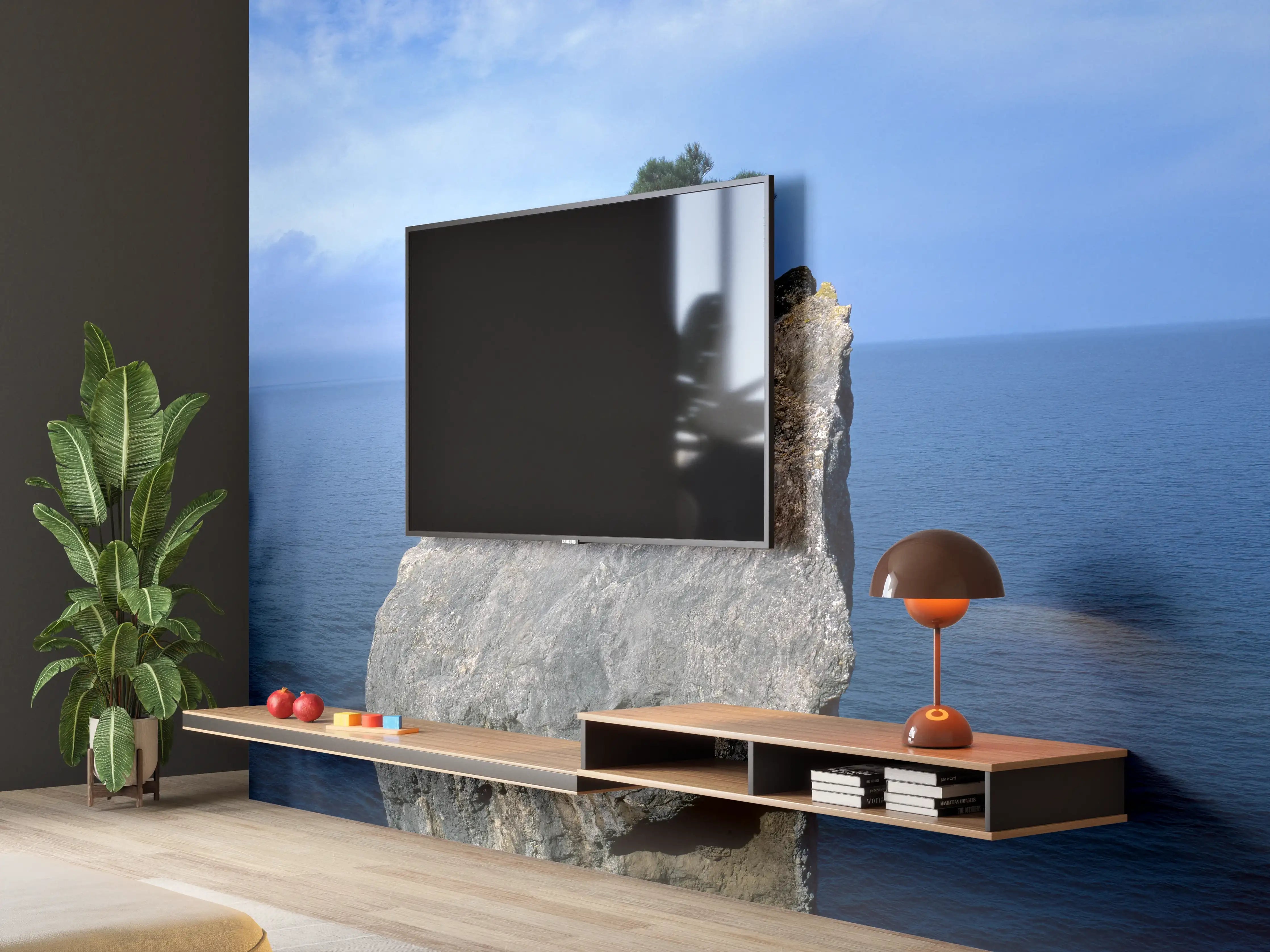 Wandverkleidung Wohnzimmer - Felsen mit Baum vor Meer bei schönem Himmel