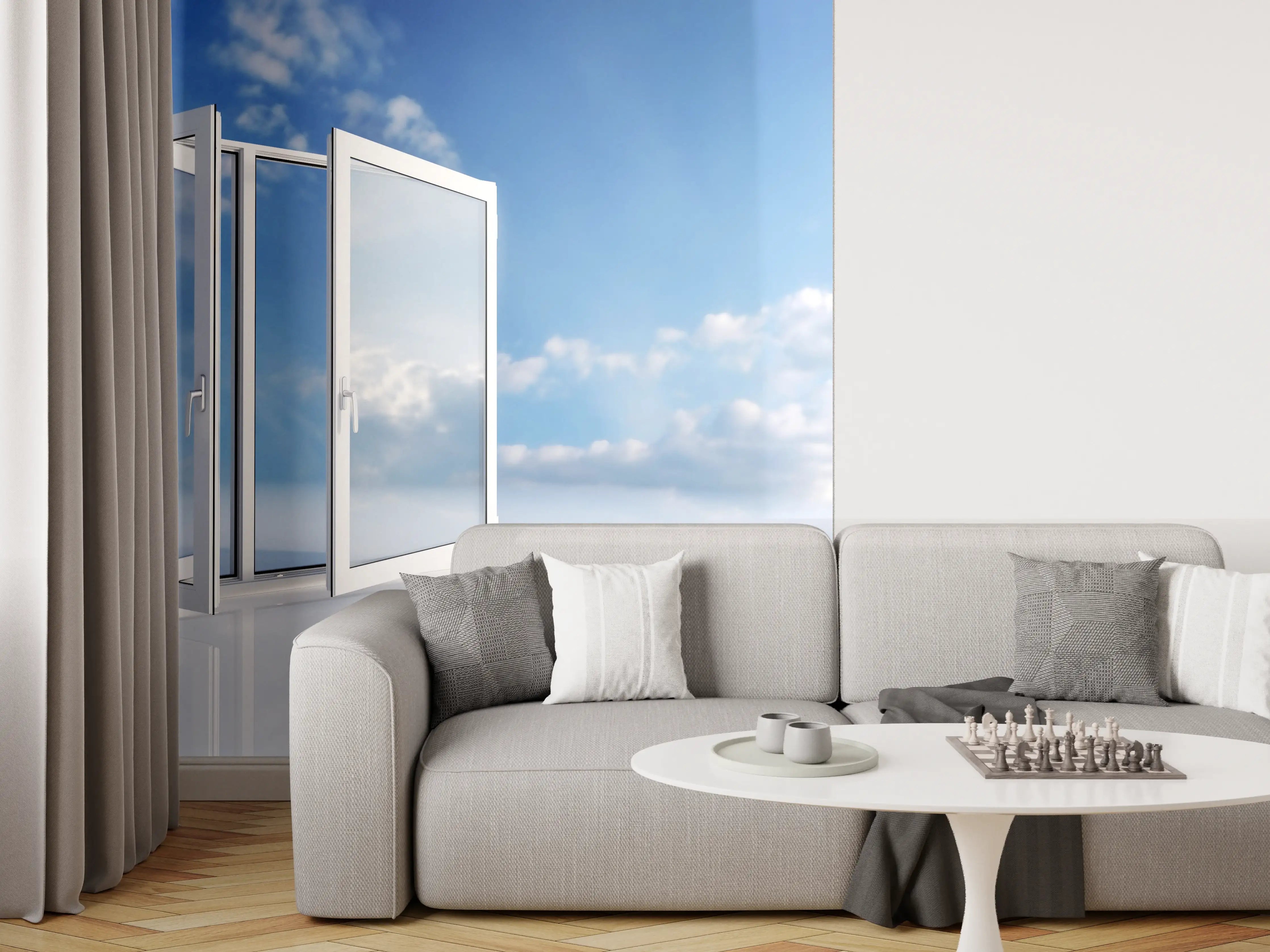 Wandverkleidung Wohnzimmer - Fenster über dem Himmel