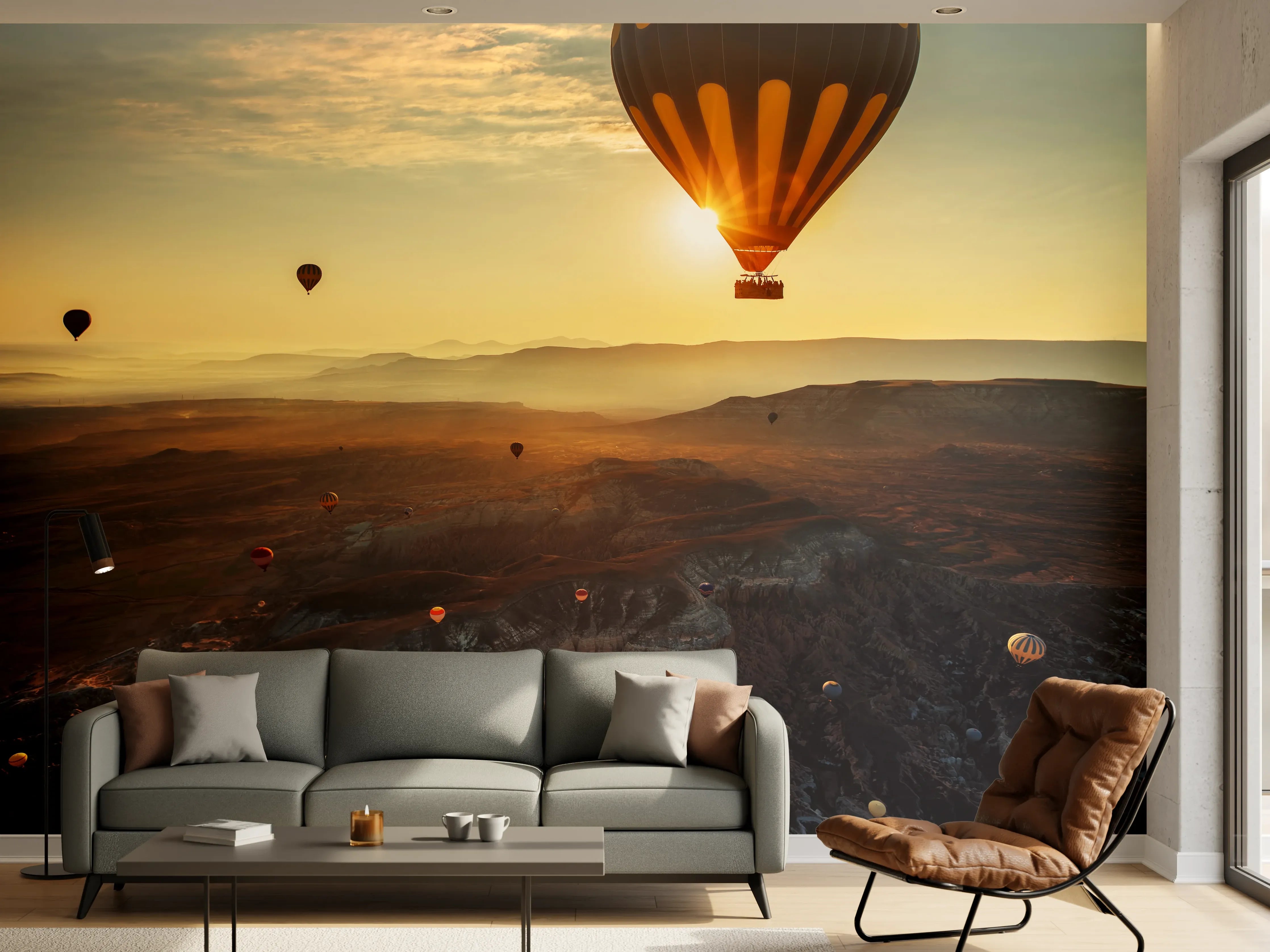 Wandverkleidung Wohnzimmer - Fesselnder Sonnenuntergang mit Heißluftballons