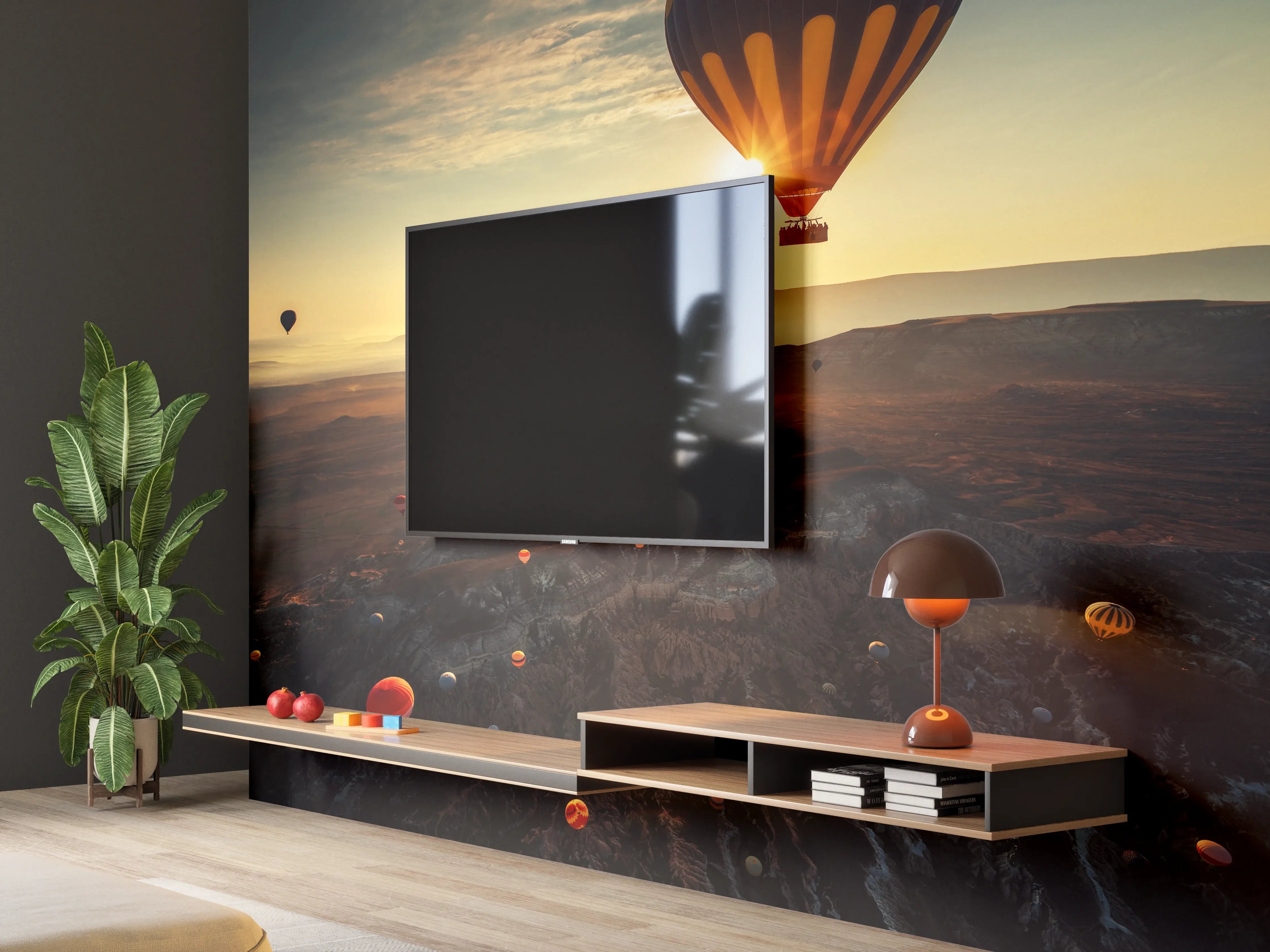 Wandverkleidung Wohnzimmer - Fesselnder Sonnenuntergang mit Heißluftballons