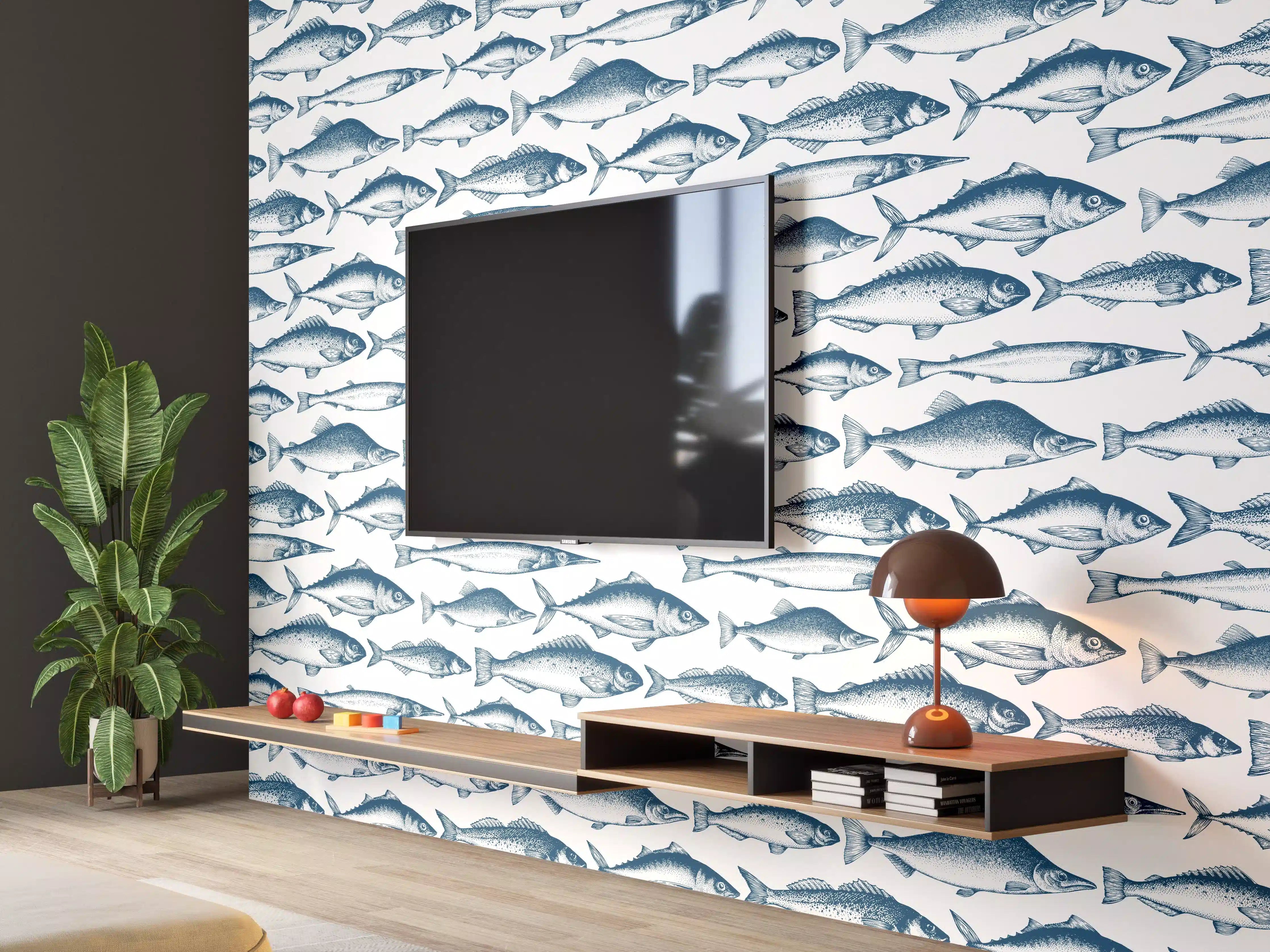 Wandverkleidung Wohnzimmer - Fisch-Design in Blau und Weiß