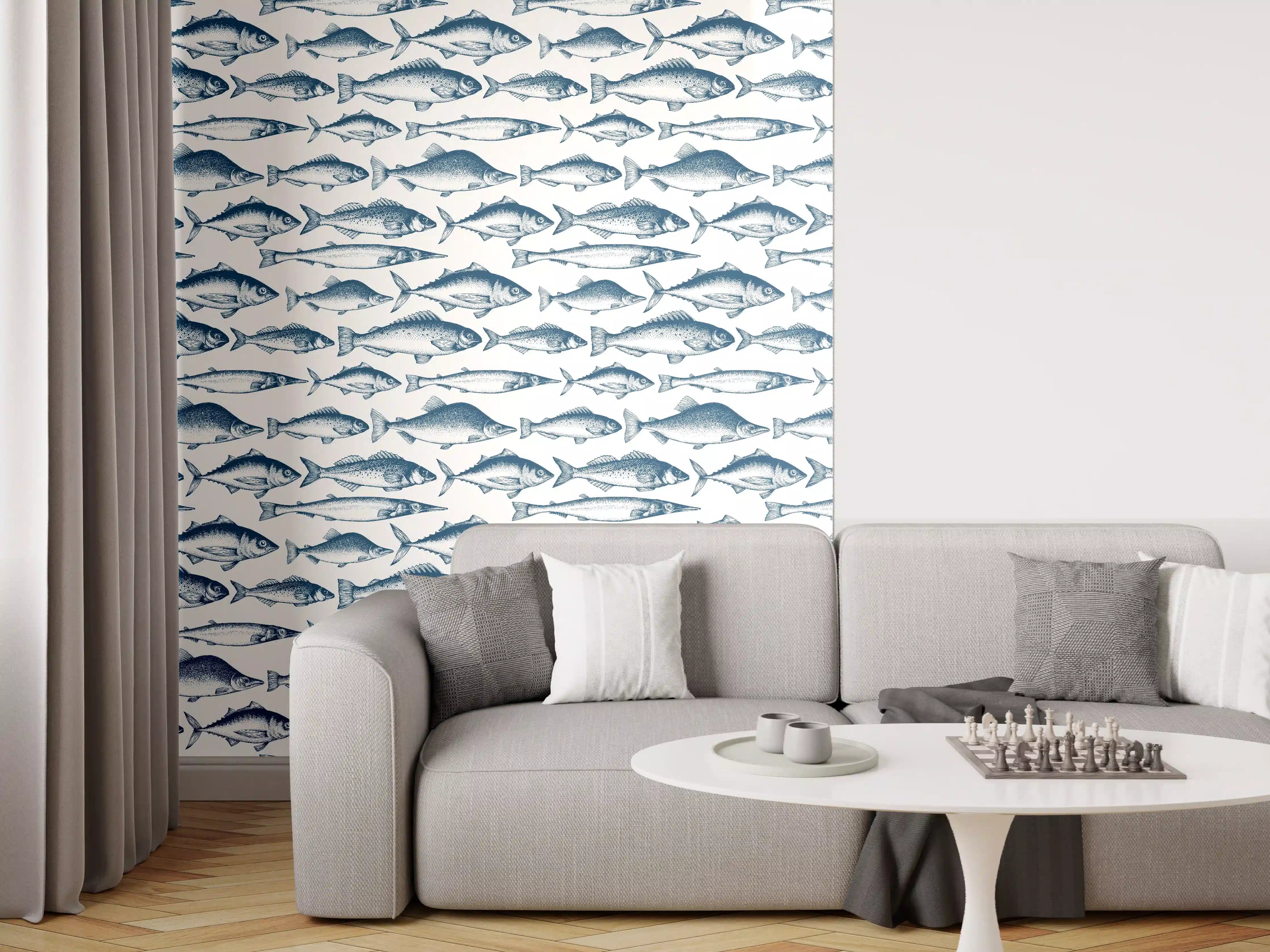 Wandverkleidung Wohnzimmer - Fisch-Design in Blau und Weiß