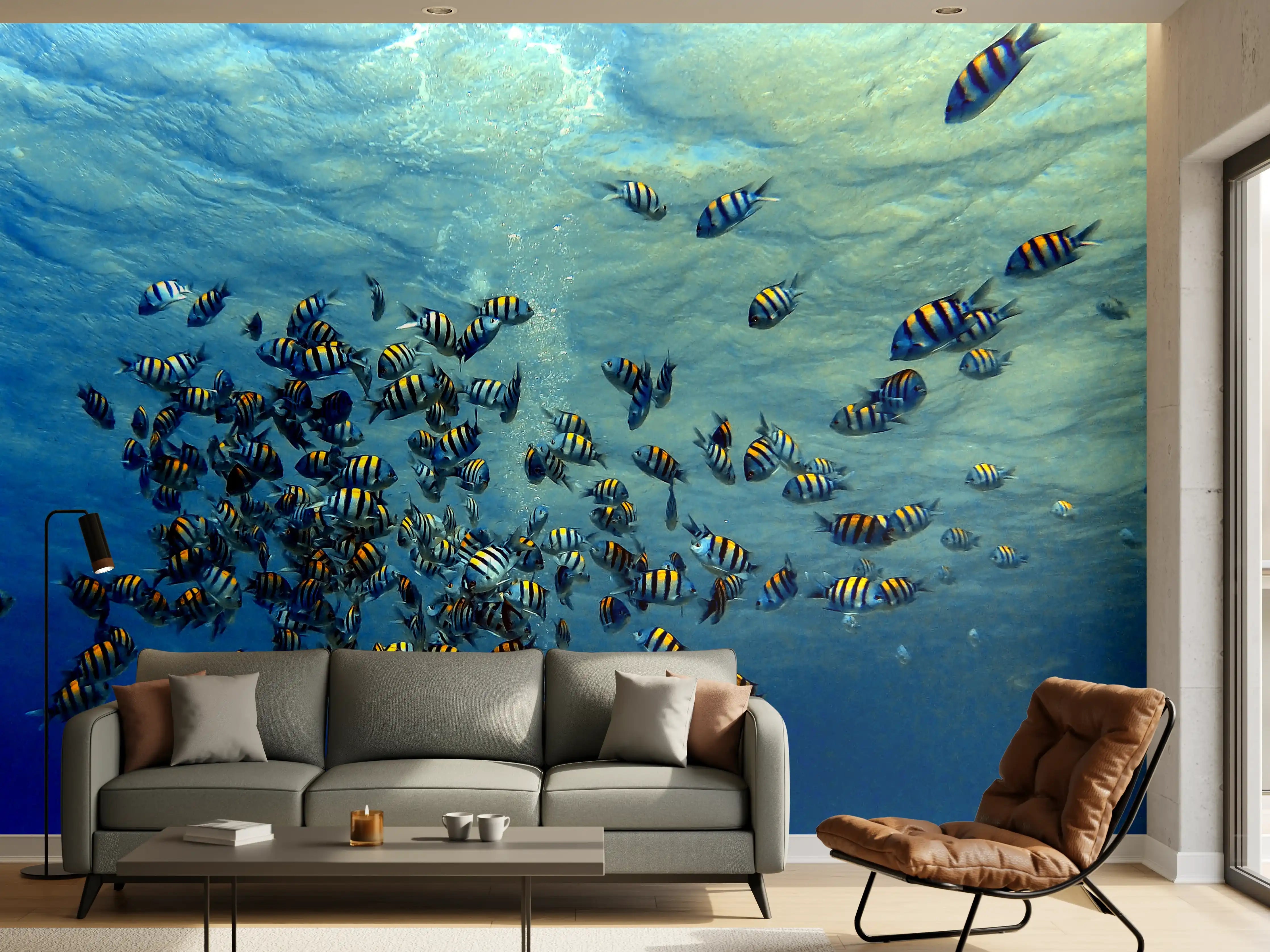Wandverkleidung Wohnzimmer - Fische im klarem Meer