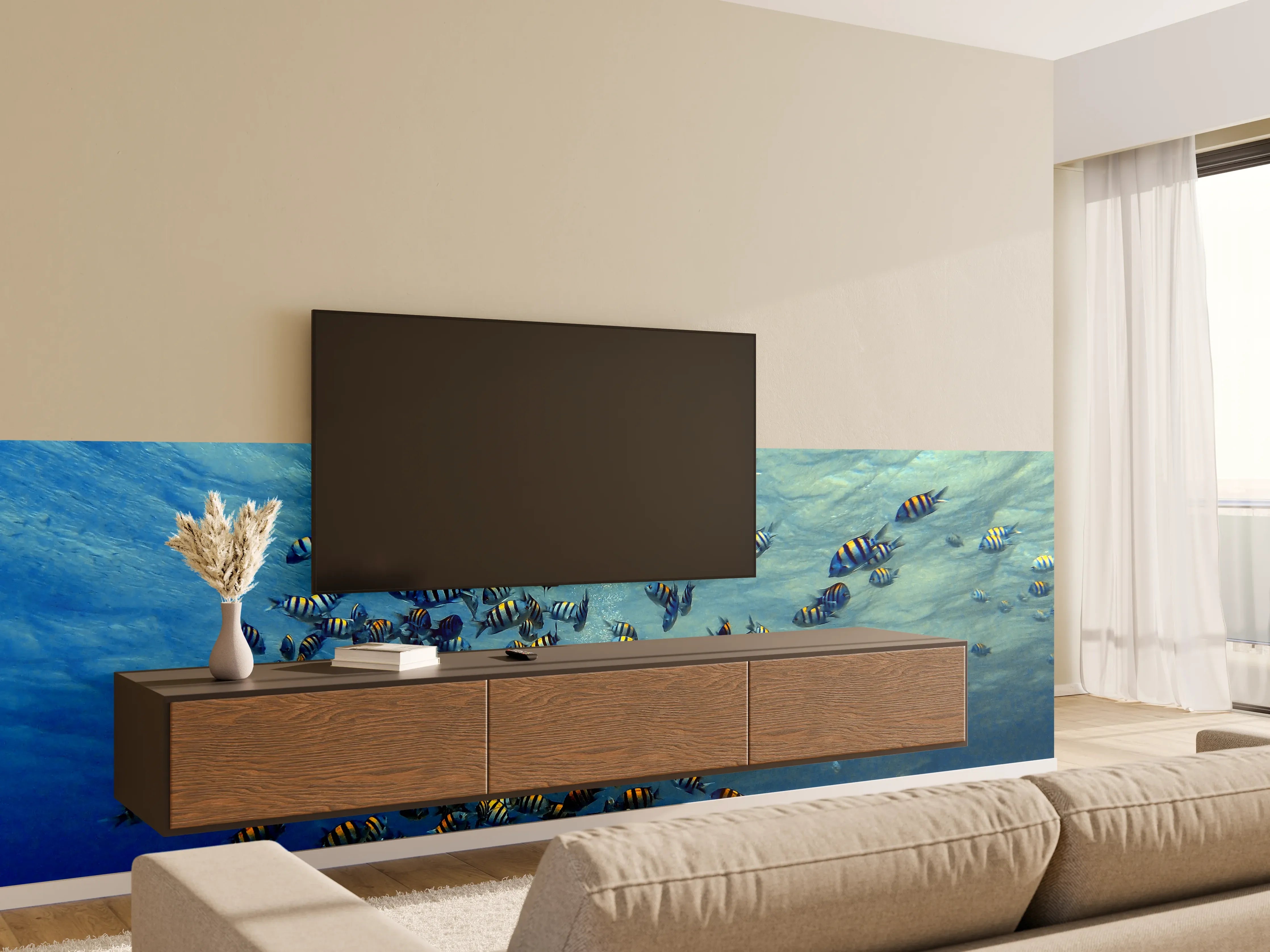 Wandverkleidung Wohnzimmer - Fische im klarem Meer