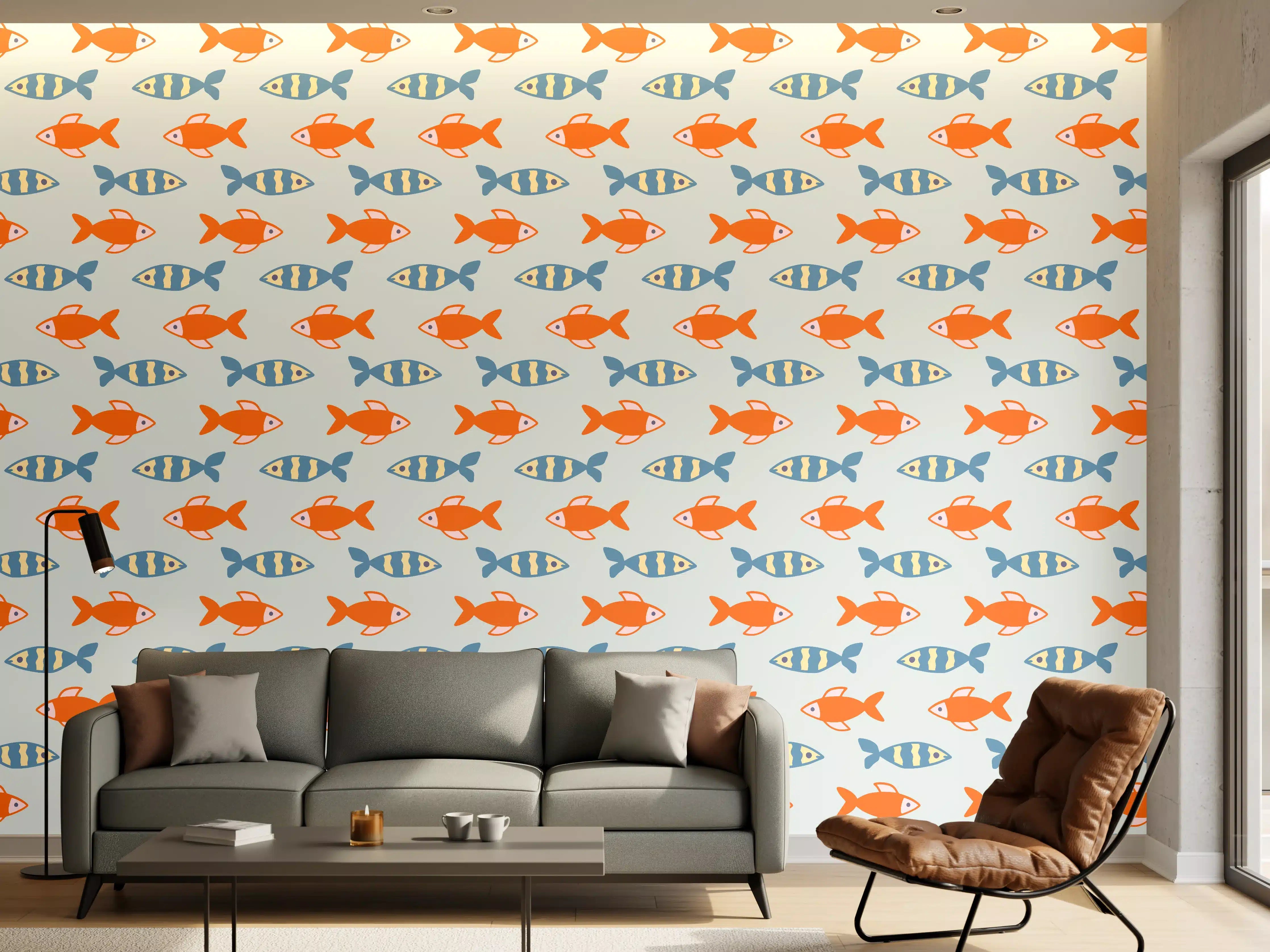 Wandverkleidung Wohnzimmer - Fischmuster Orange-Blau