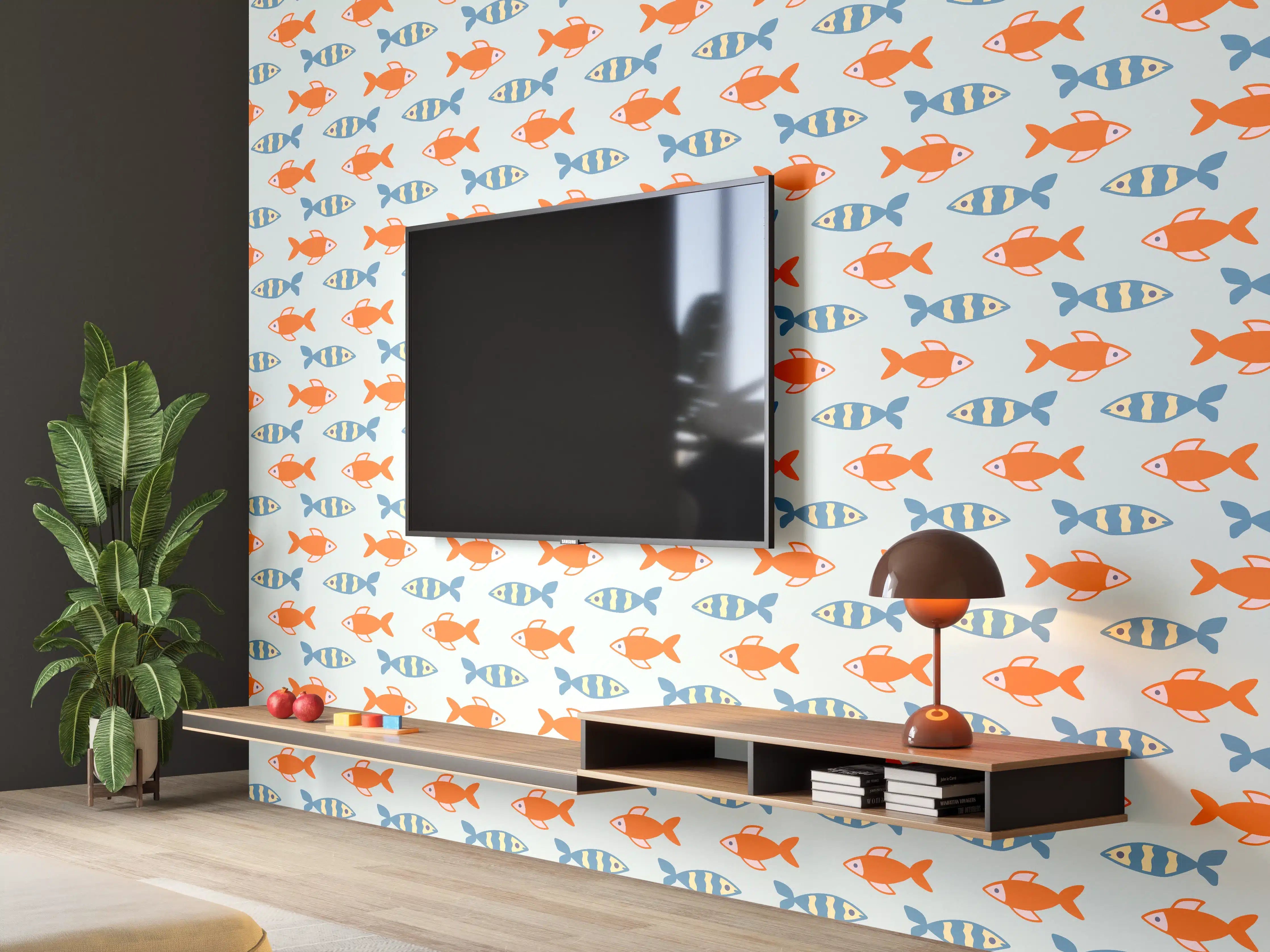 Wandverkleidung Wohnzimmer - Fischmuster Orange-Blau