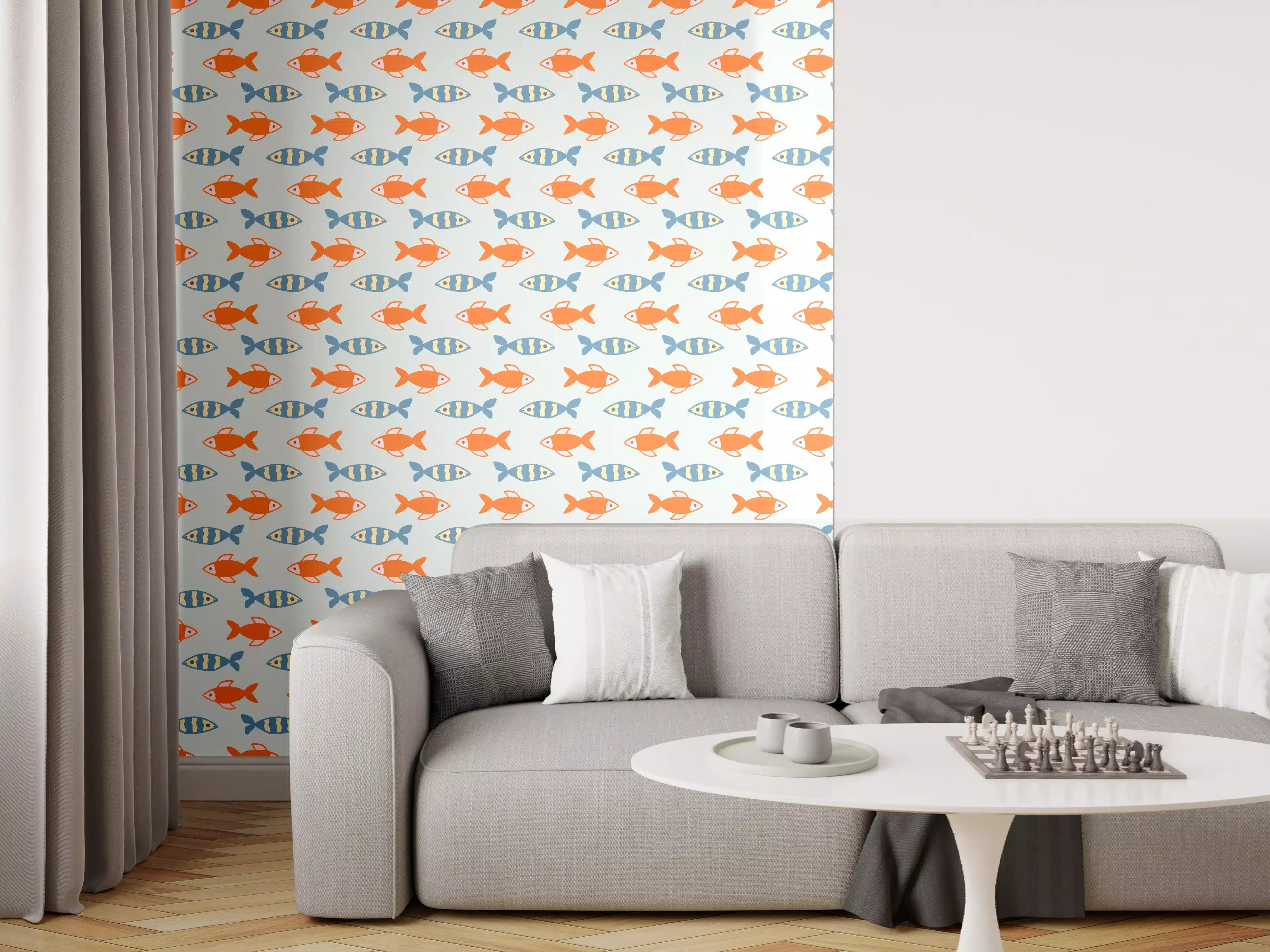 Wandverkleidung Wohnzimmer - Fischmuster Orange-Blau