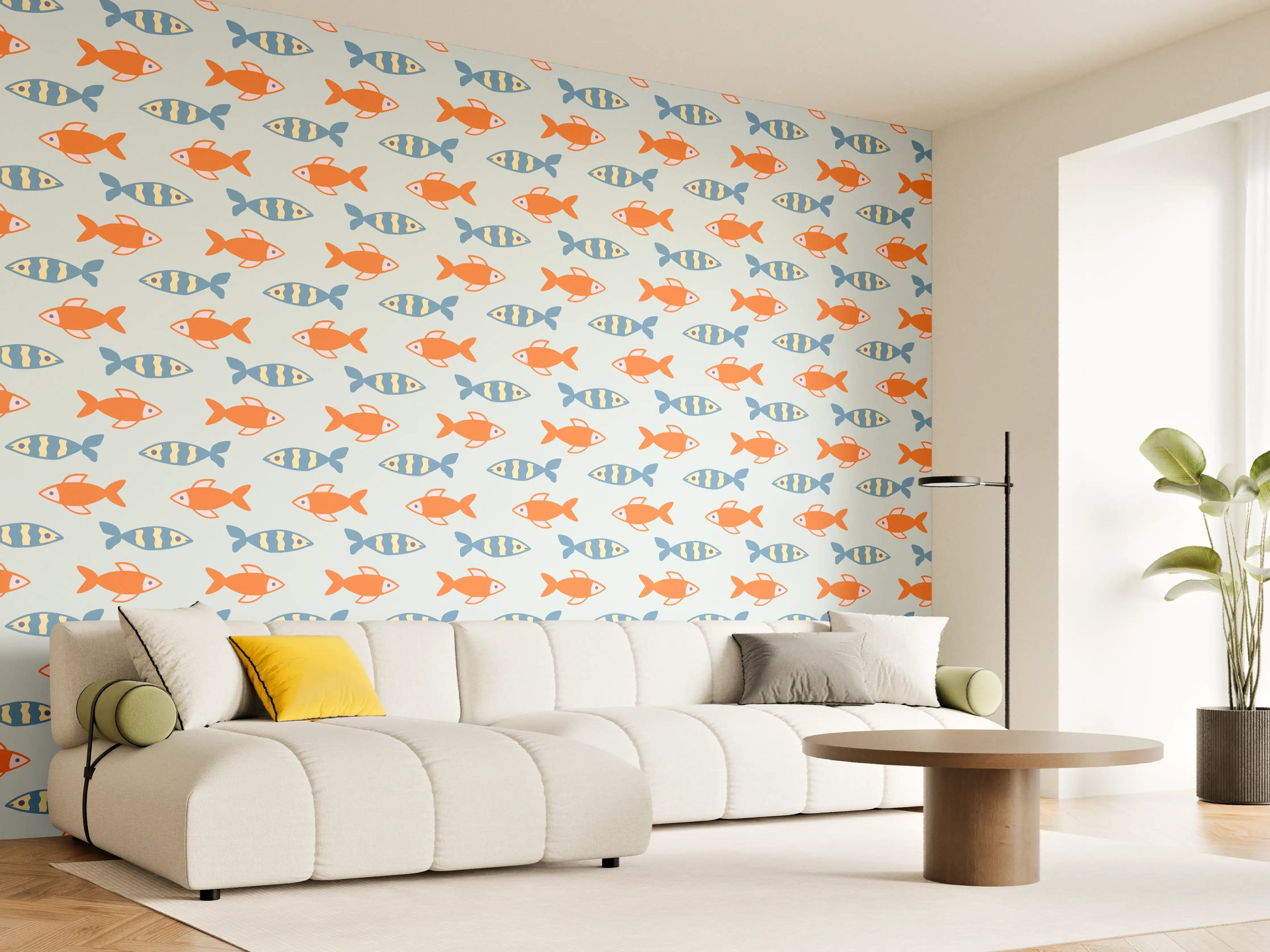 Wandverkleidung Wohnzimmer - Fischmuster Orange-Blau