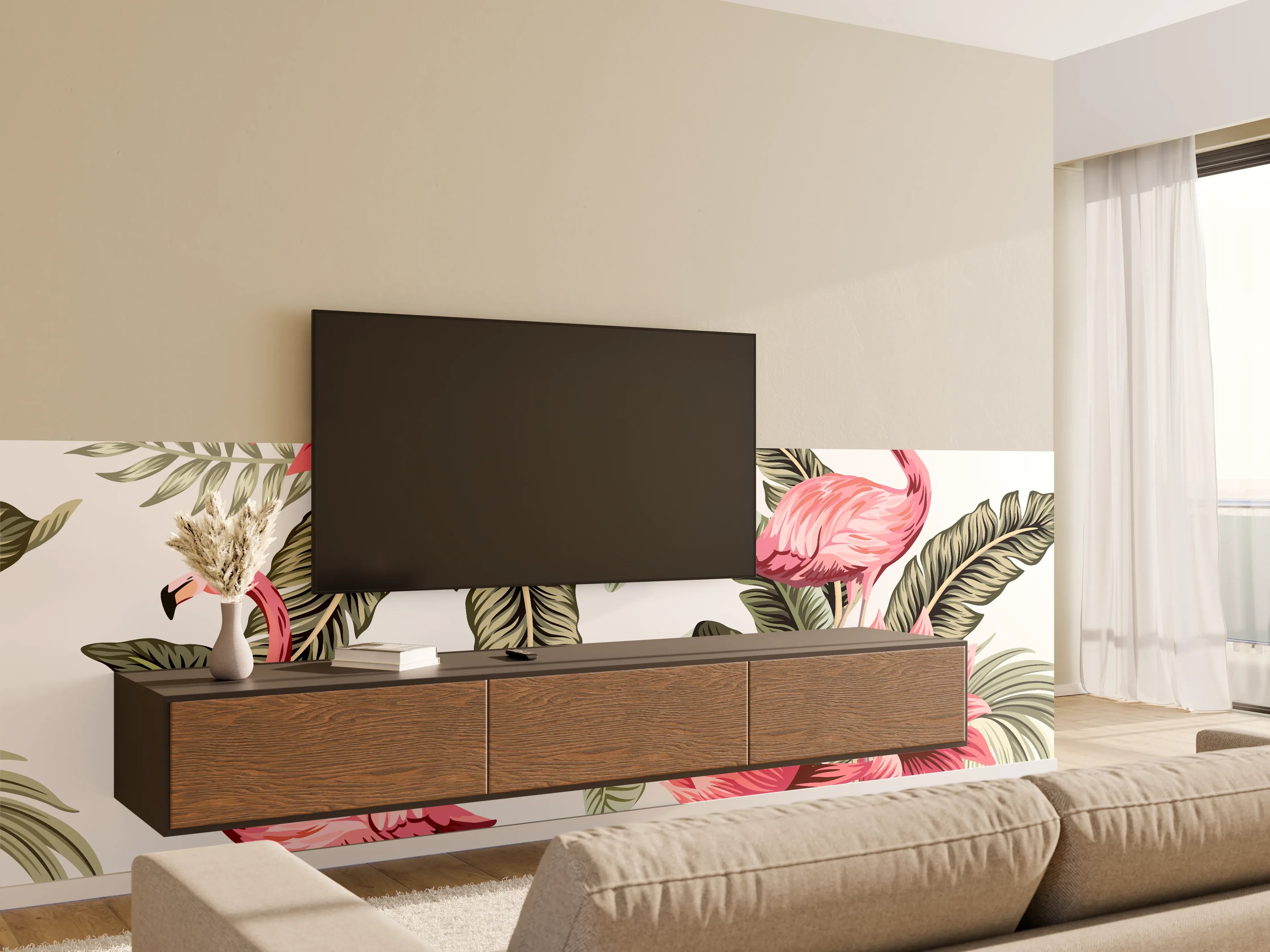 Wandverkleidung Wohnzimmer - Flamingo & Tropenblumen Muster