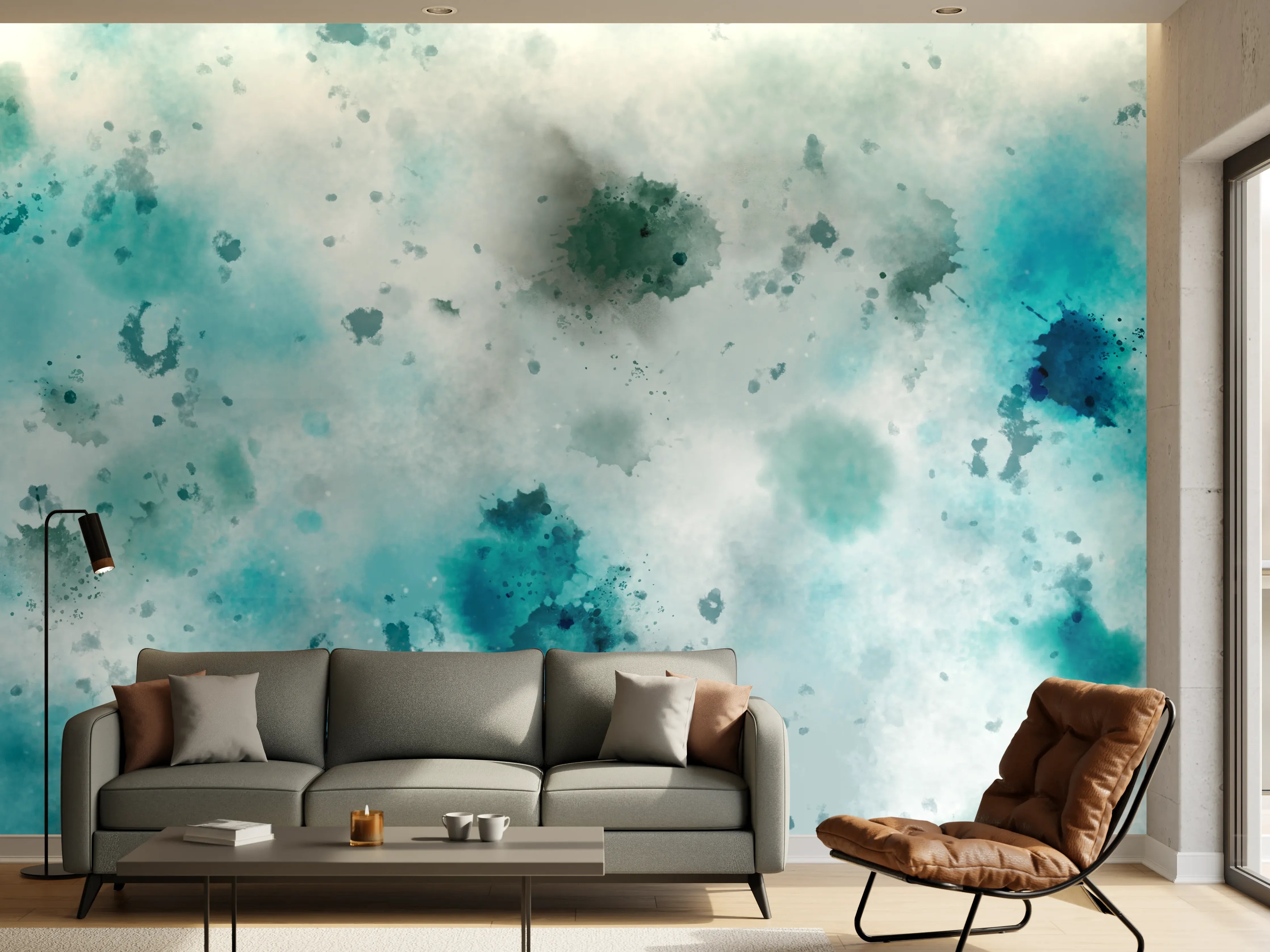 Wandverkleidung Wohnzimmer - Flecken auf türkisfarbenen Aquarellhintergrund