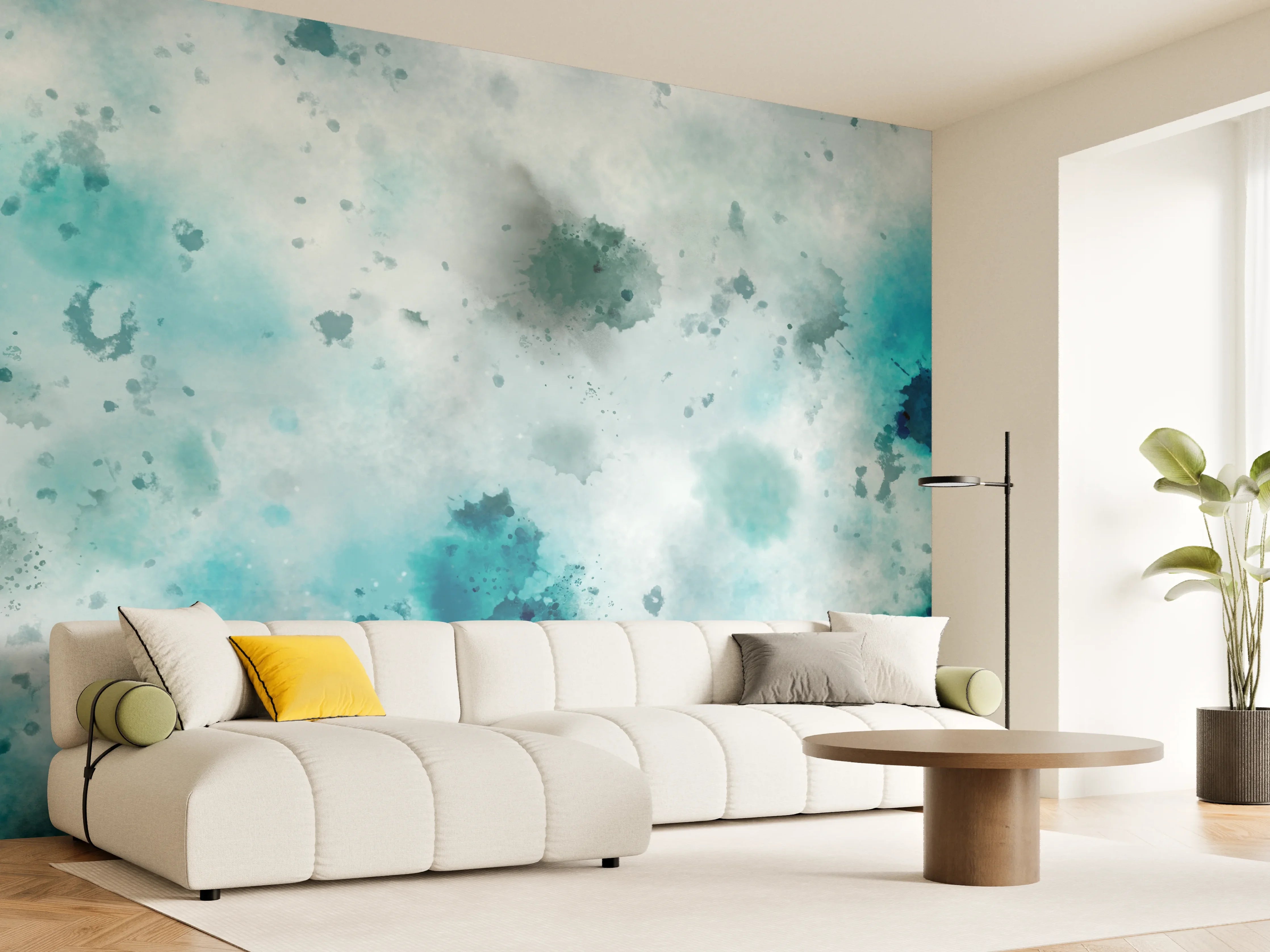 Wandverkleidung Wohnzimmer - Flecken auf türkisfarbenen Aquarellhintergrund