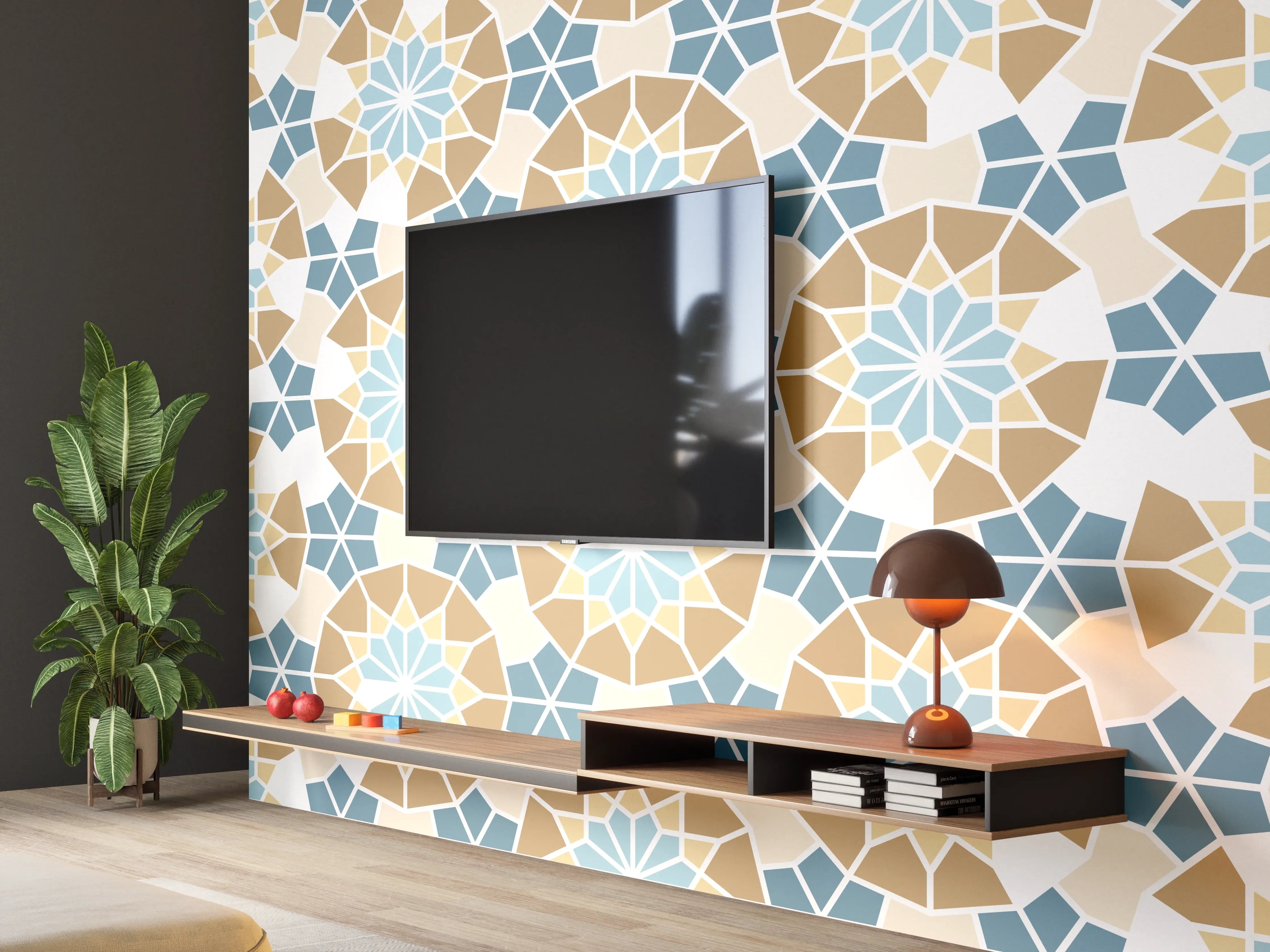Wandverkleidung Wohnzimmer - Fliesen eckige Geometrie
