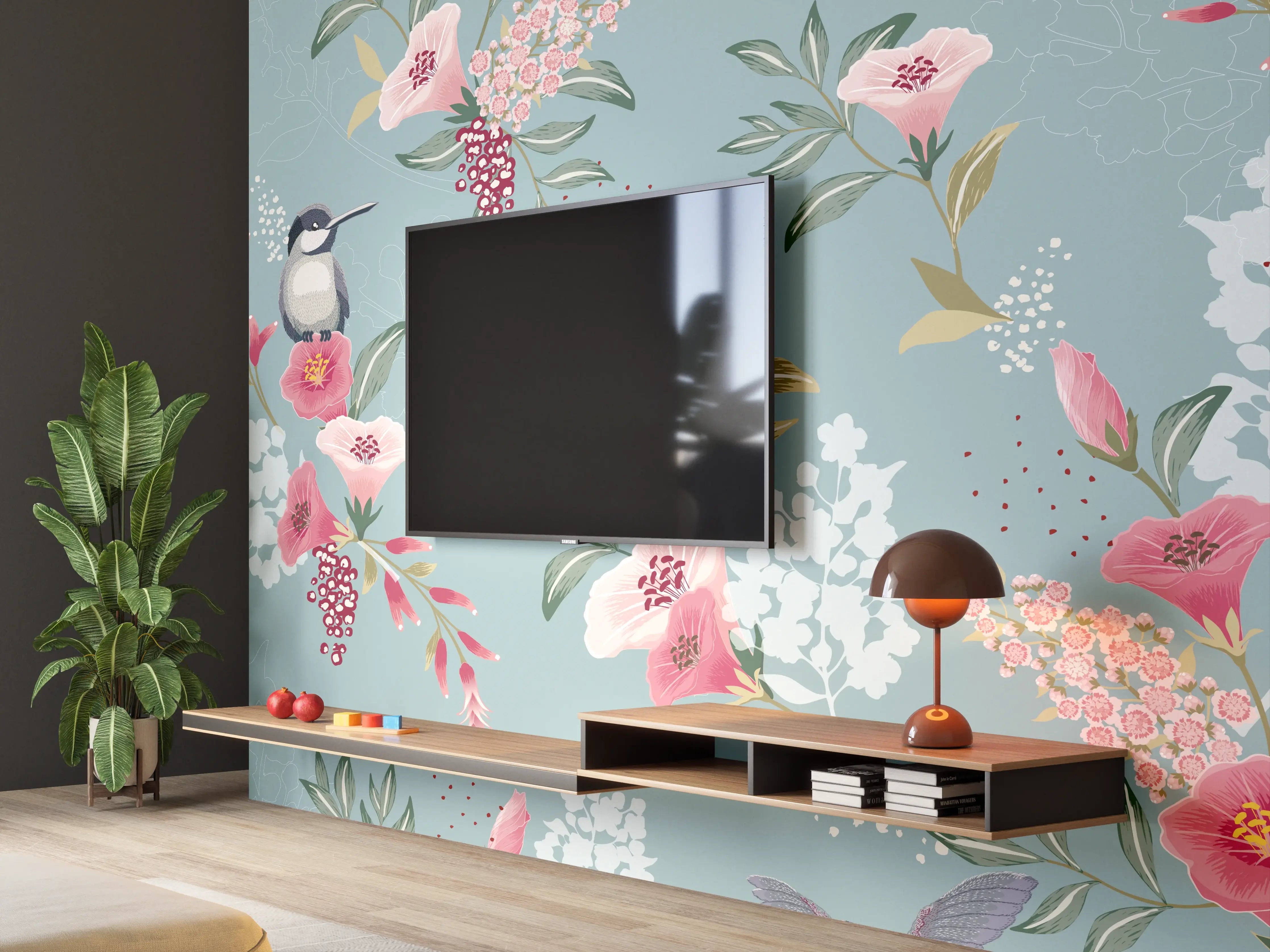 Wandverkleidung Wohnzimmer - Floral-Bird-Muster Blaugrau