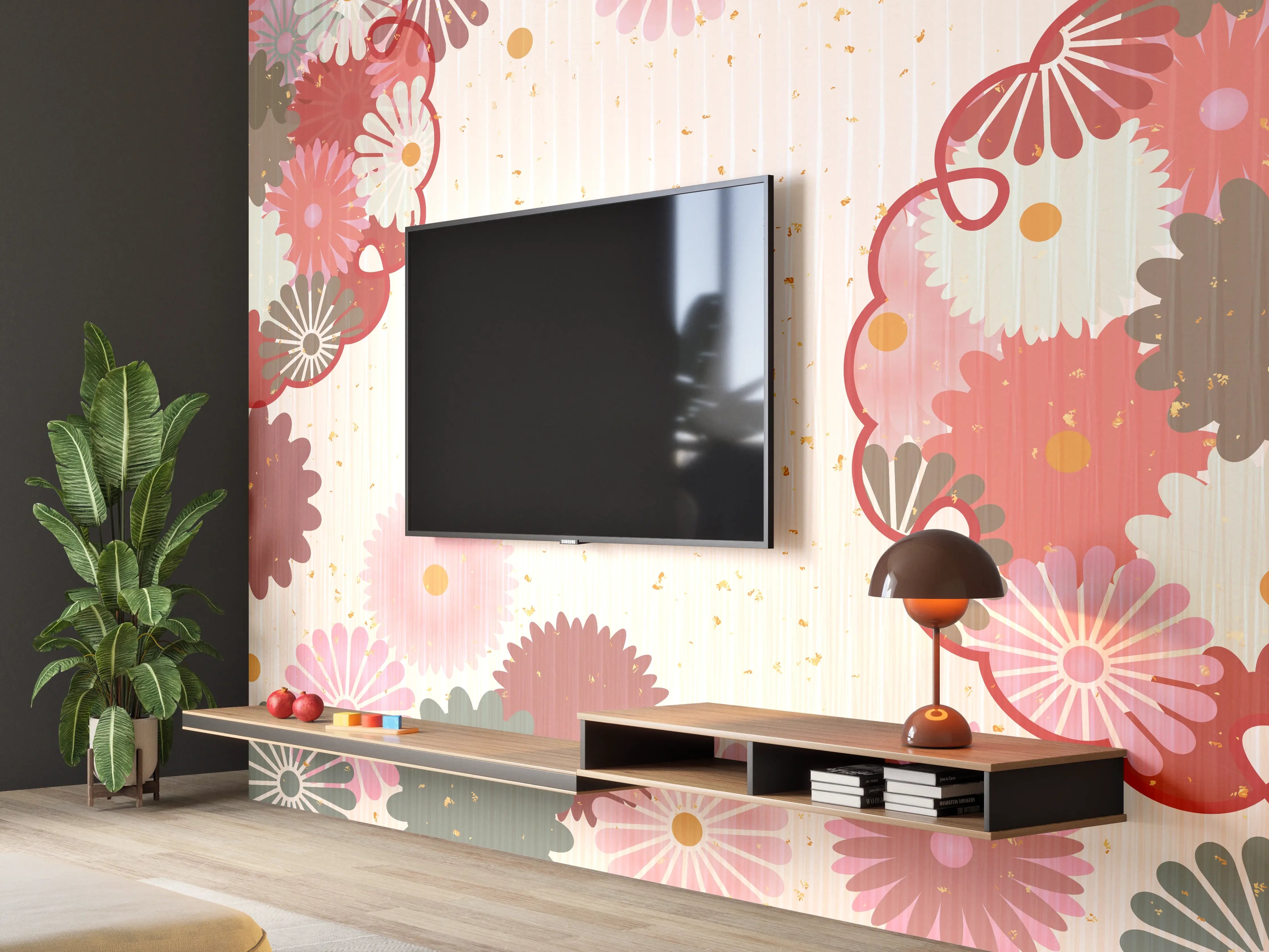 Wandverkleidung Wohnzimmer - Floral Blumenmuster Beige Rot