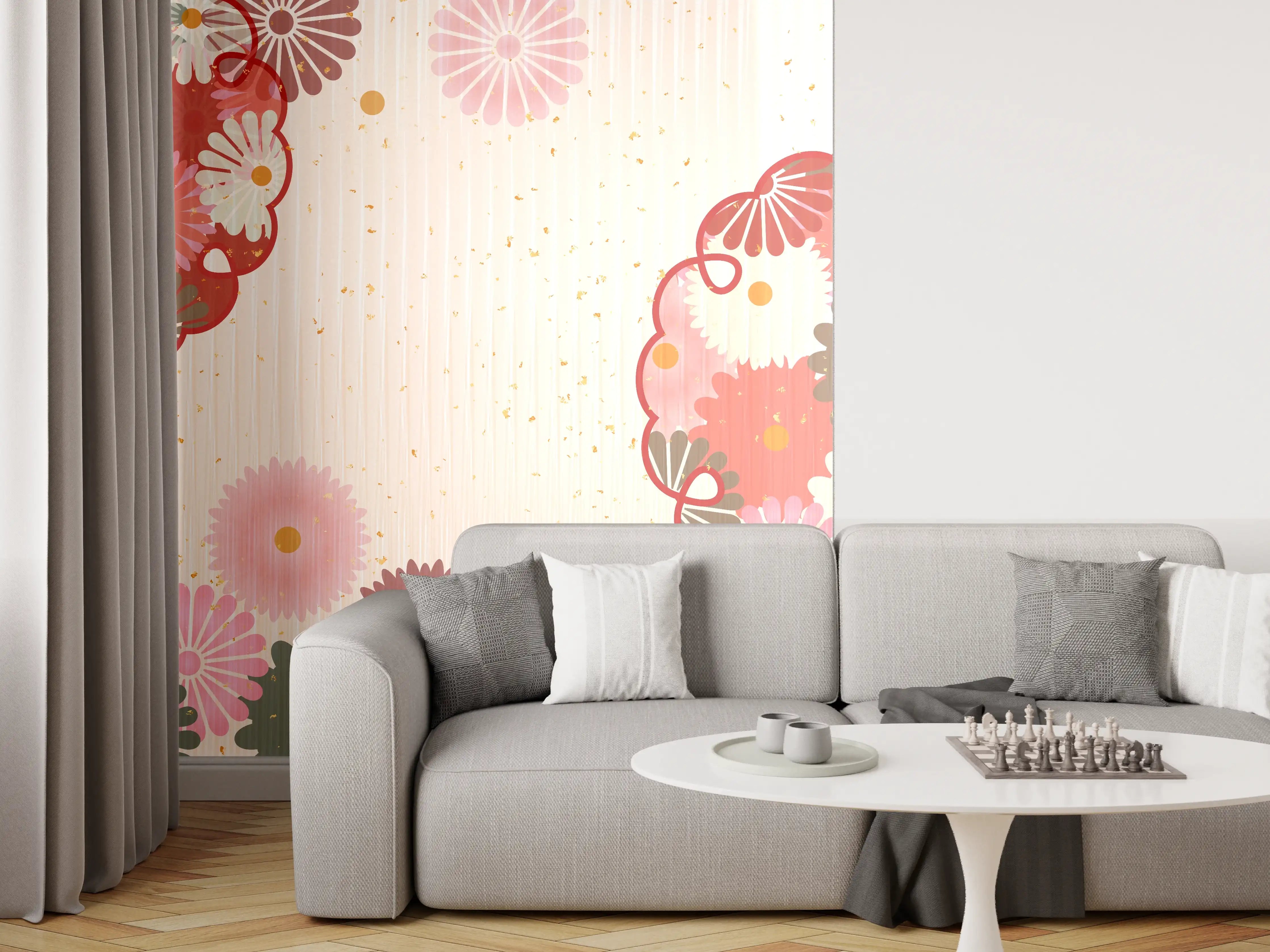 Wandverkleidung Wohnzimmer - Floral Blumenmuster Beige Rot