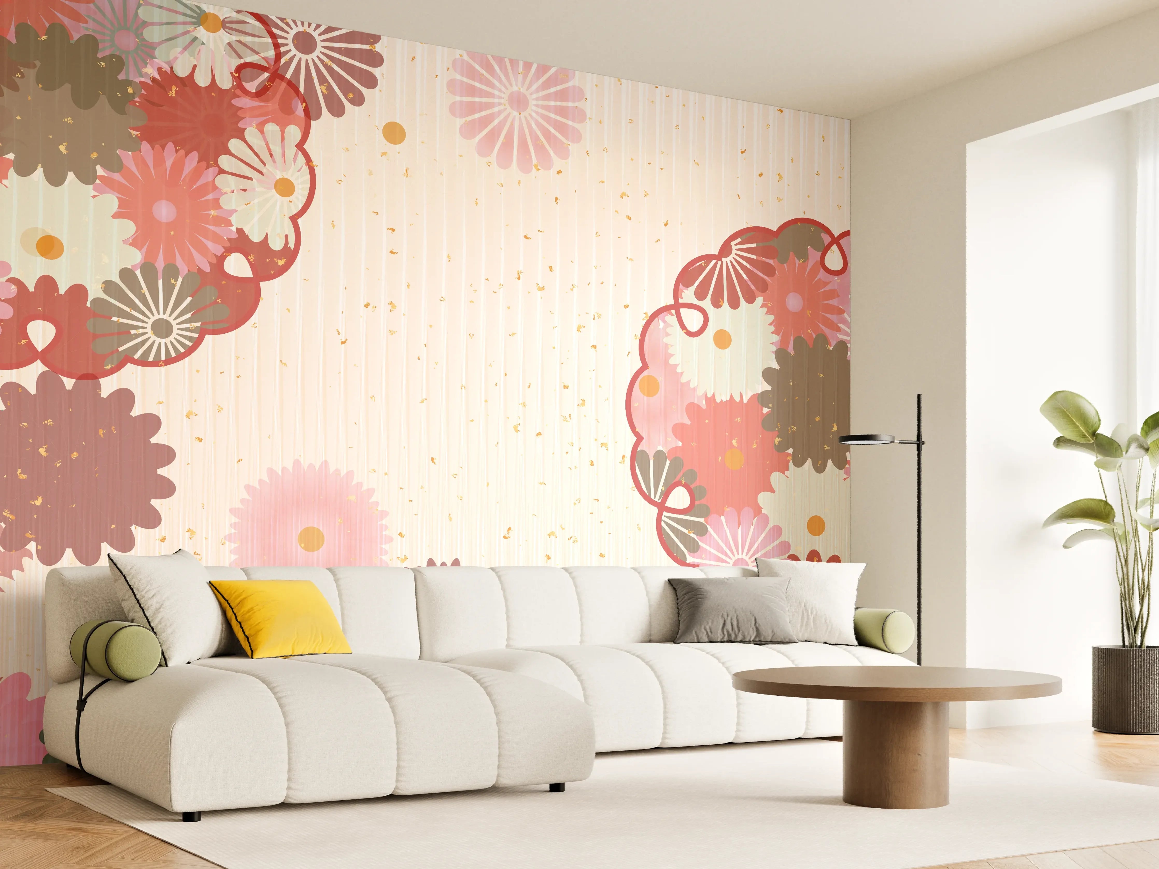 Wandverkleidung Wohnzimmer - Floral Blumenmuster Beige Rot