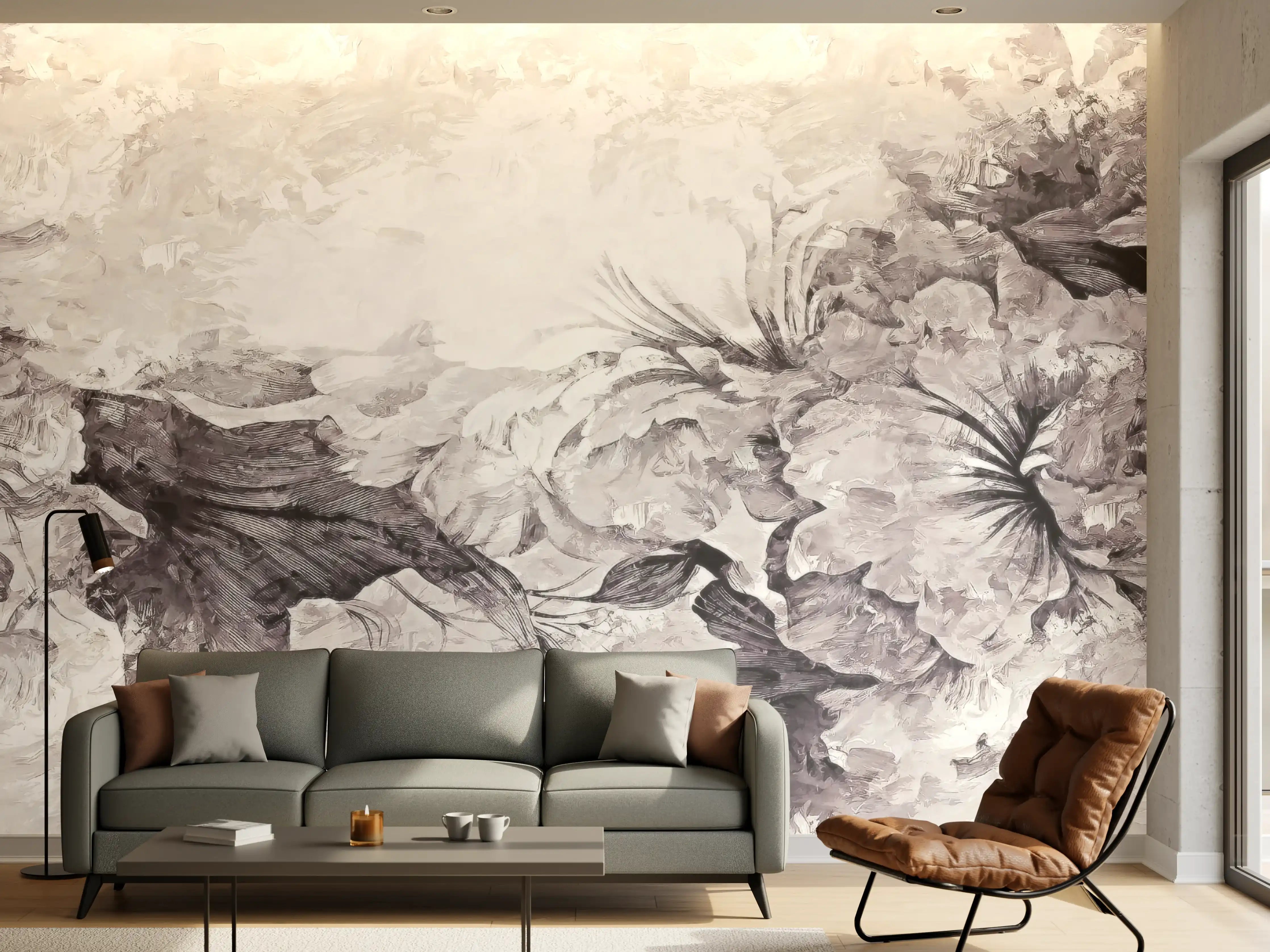 Wandverkleidung Wohnzimmer - Floral Grau Abstrakte Textur