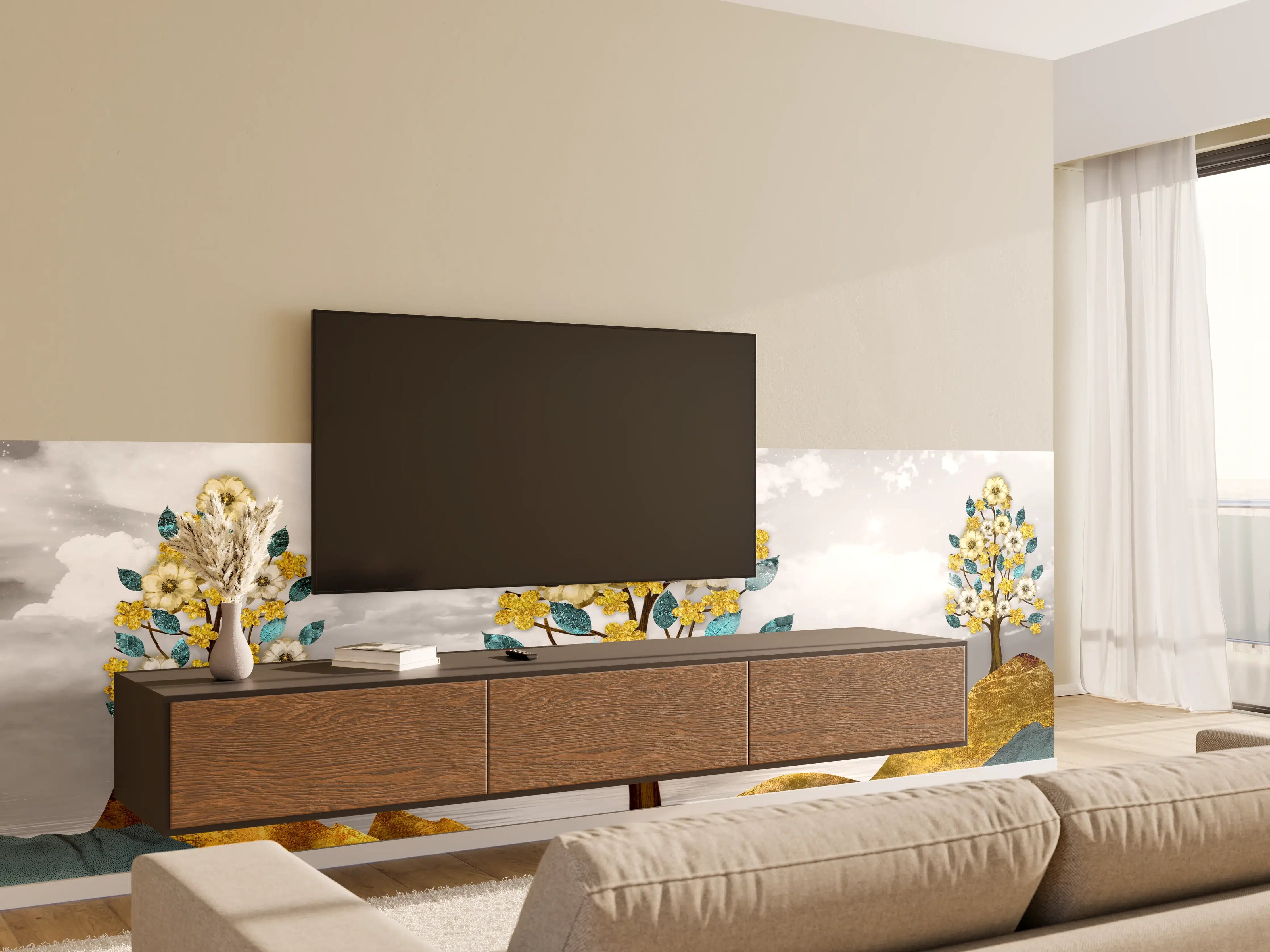 Wandverkleidung Wohnzimmer - Florale Kunstmalerei - Natur