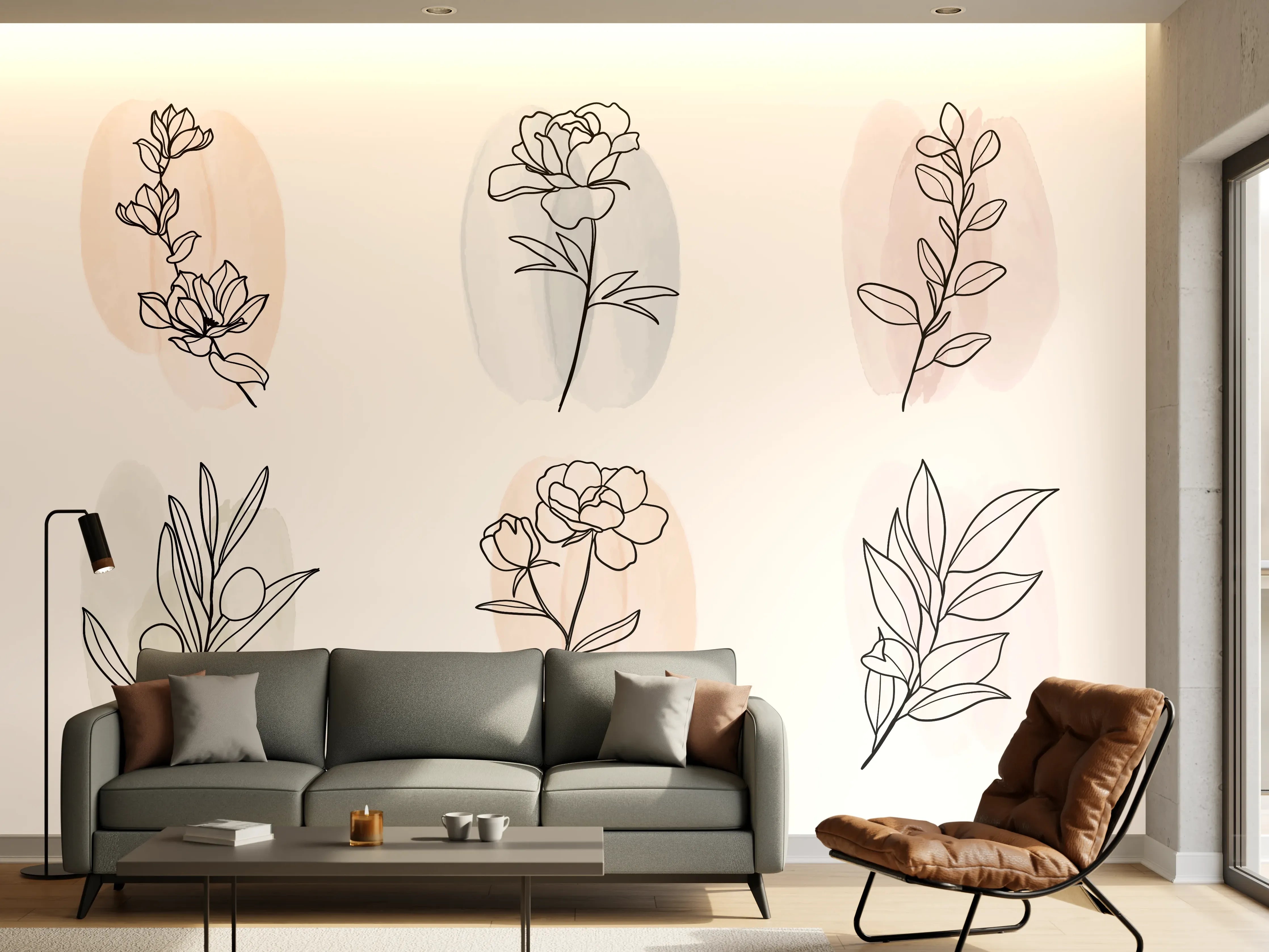 Wandverkleidung Wohnzimmer - Florale Lineart Zeichnung Kollektion