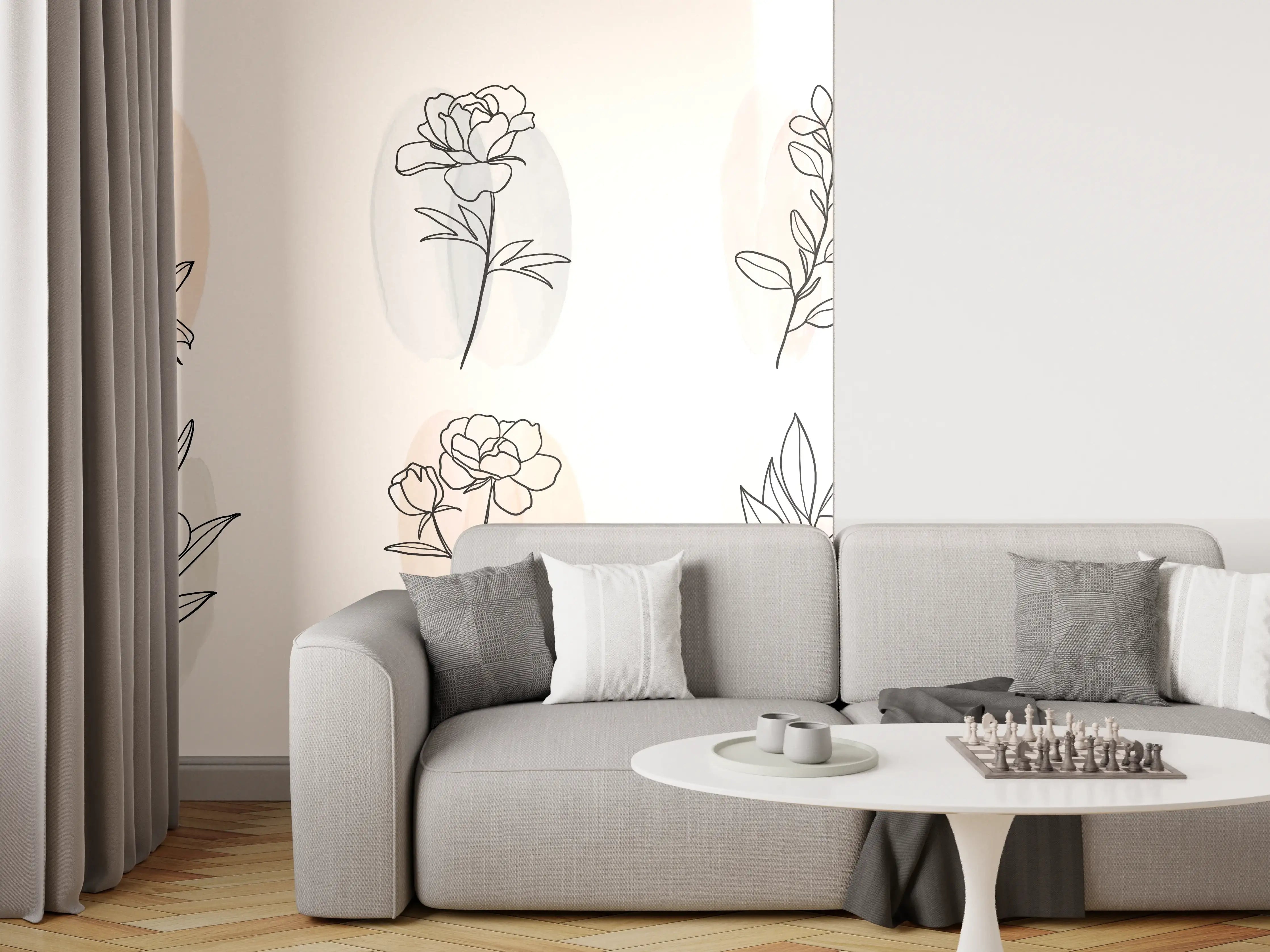 Wandverkleidung Wohnzimmer - Florale Lineart Zeichnung Kollektion