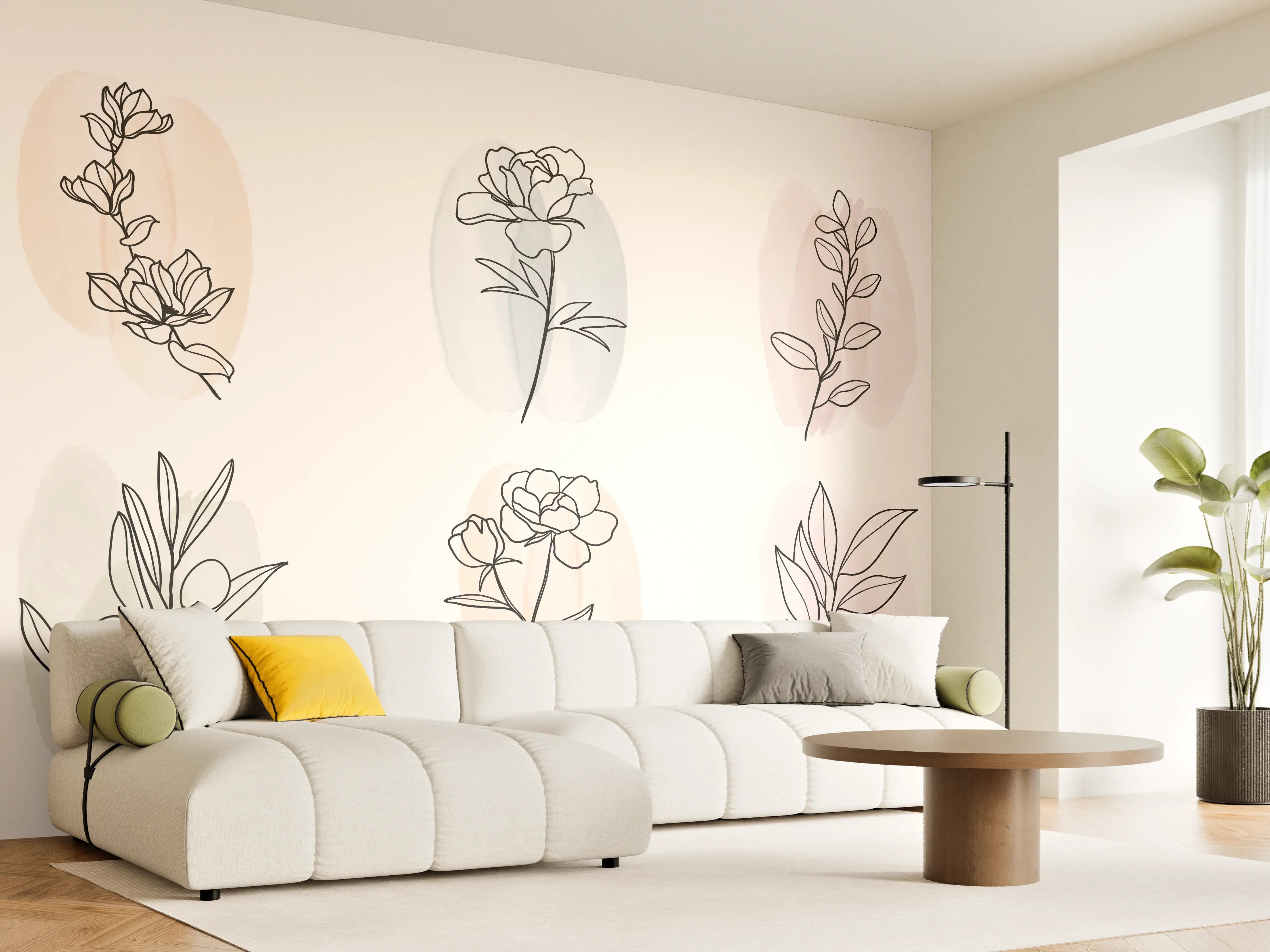 Wandverkleidung Wohnzimmer - Florale Lineart Zeichnung Kollektion