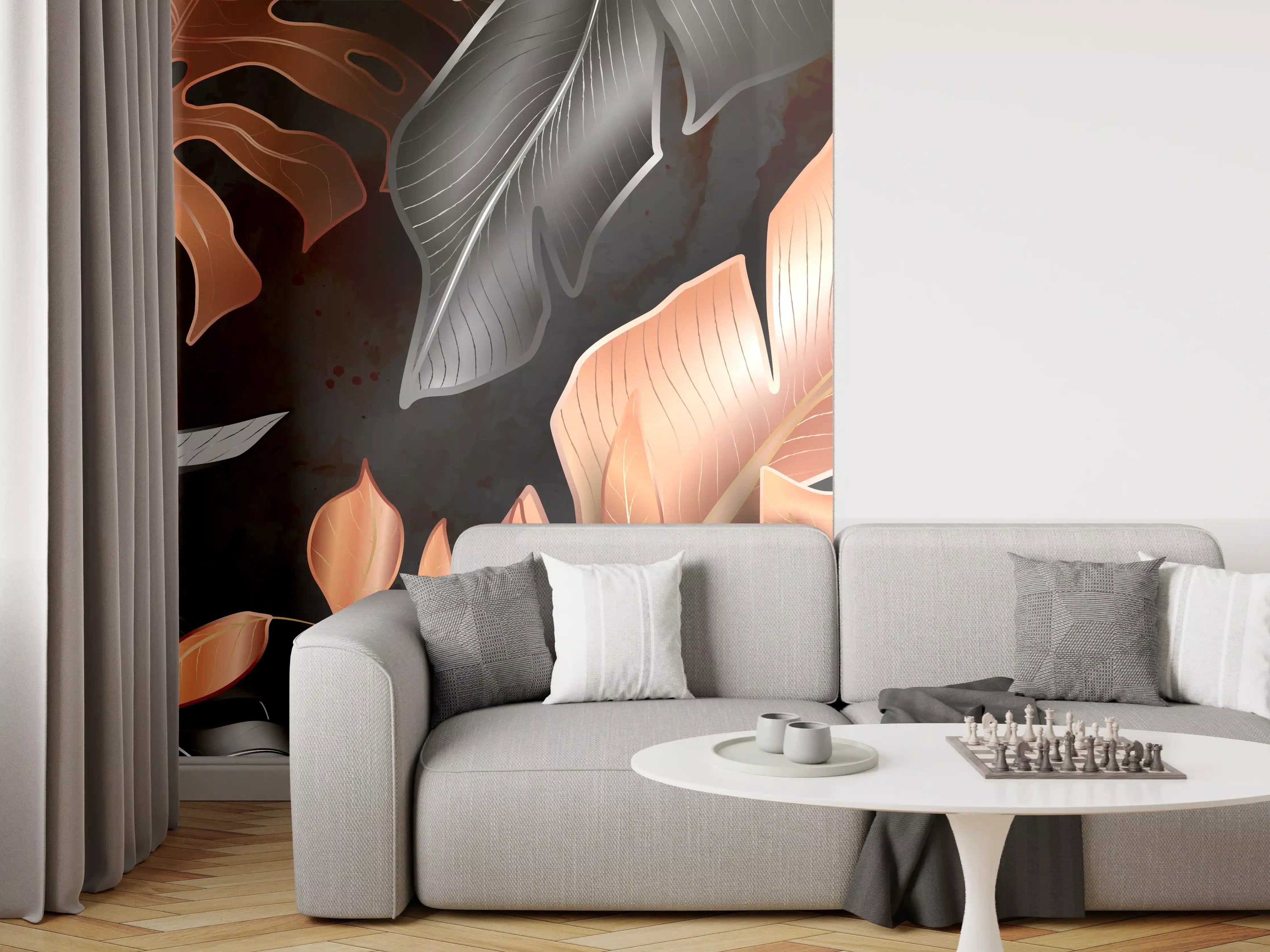 Wandverkleidung Wohnzimmer - Florale Muster Schwarz Kupfer